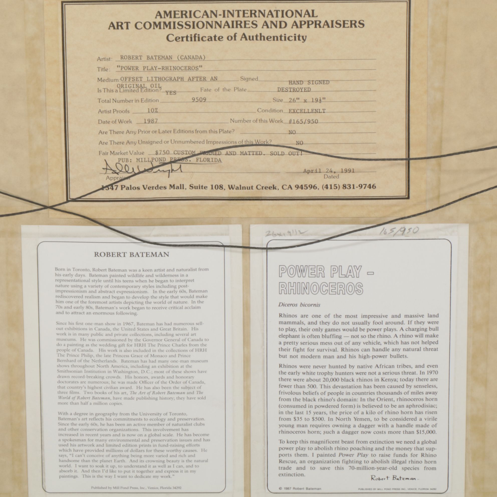 Robert Bateman Offset Lithograph "Power Play - Rhinoceros", 1991
