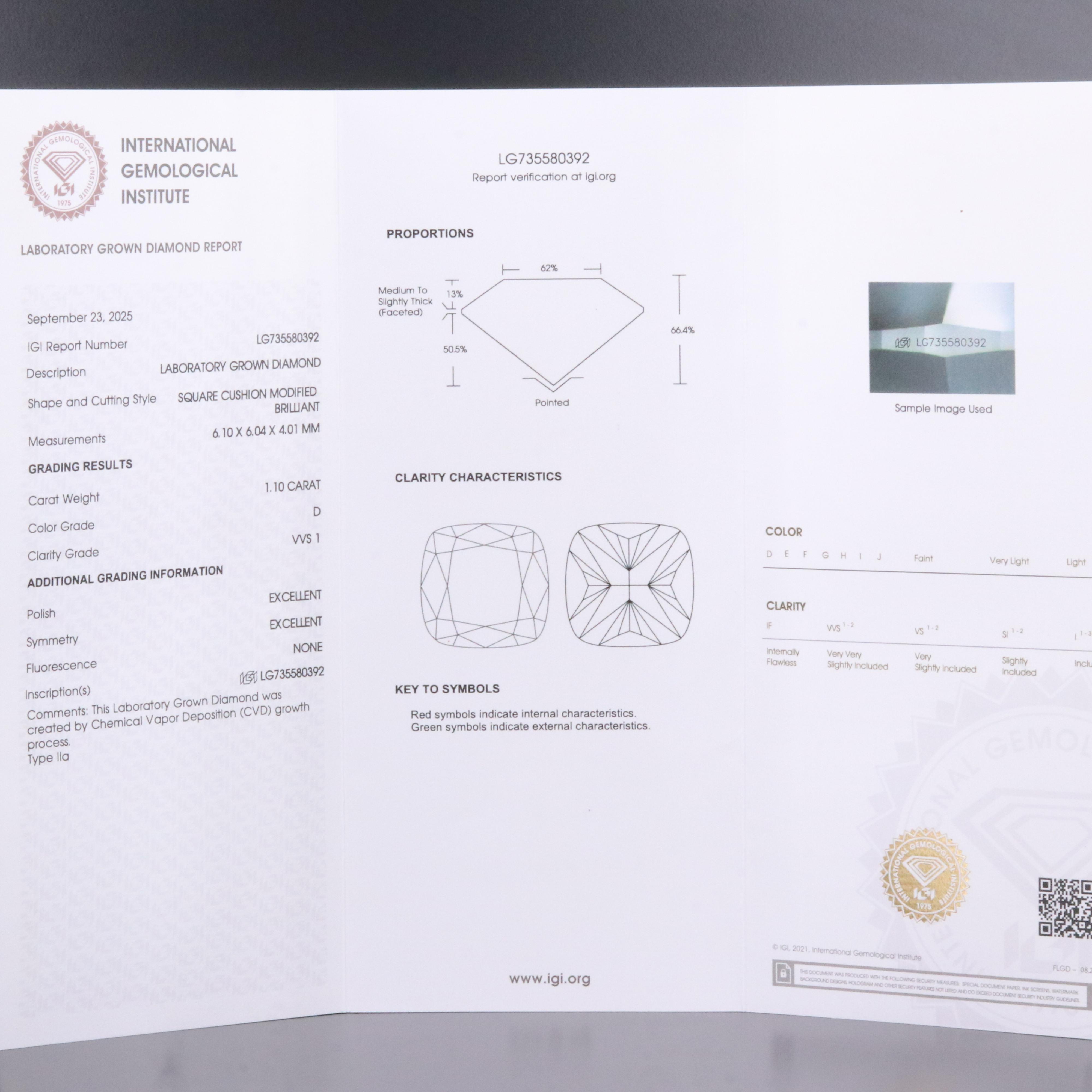 Loose 1.10 CT Lab Grown Diamond with IGI Report