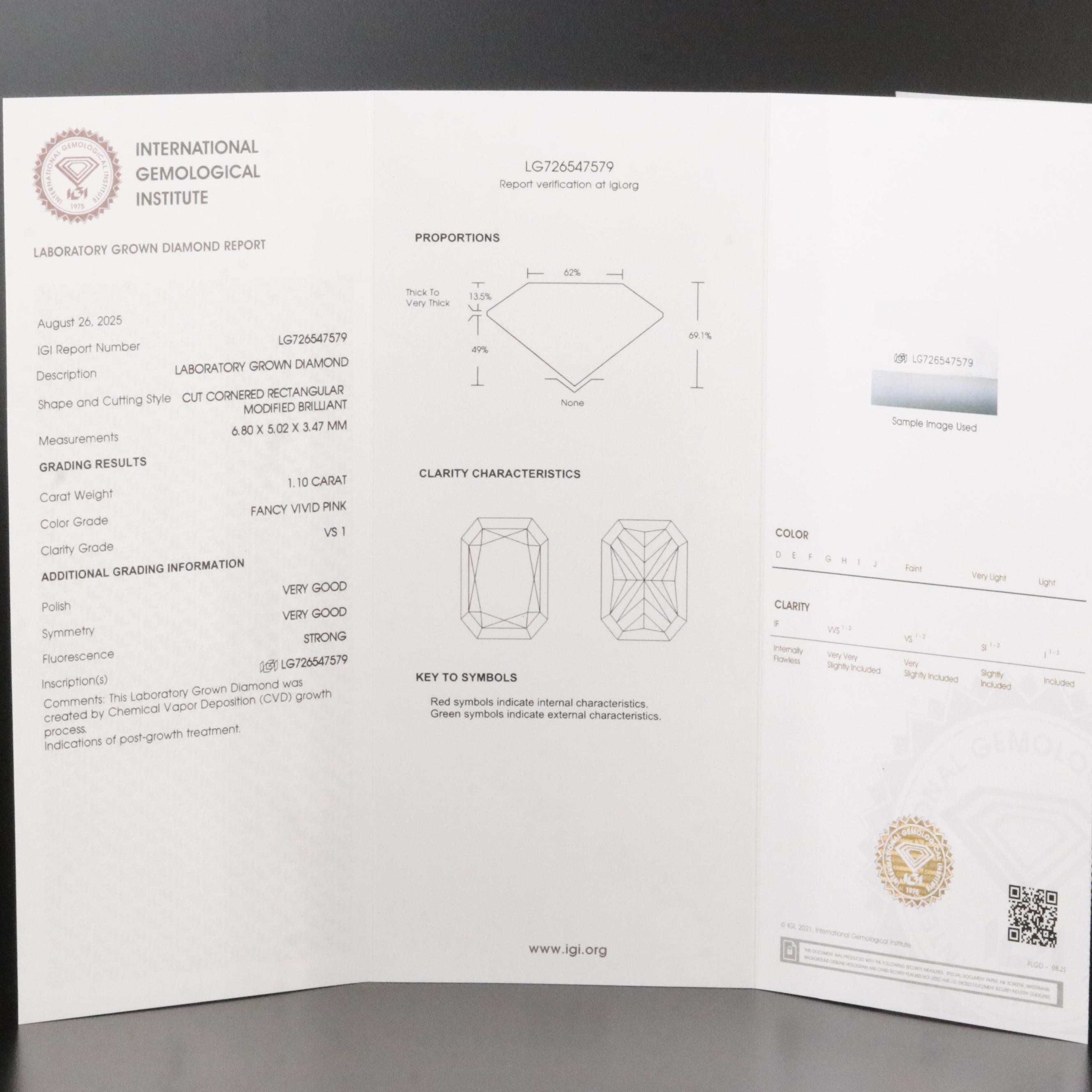 Loose 1.10 CT Lab Grown Fancy Pink Diamond with IGI Report