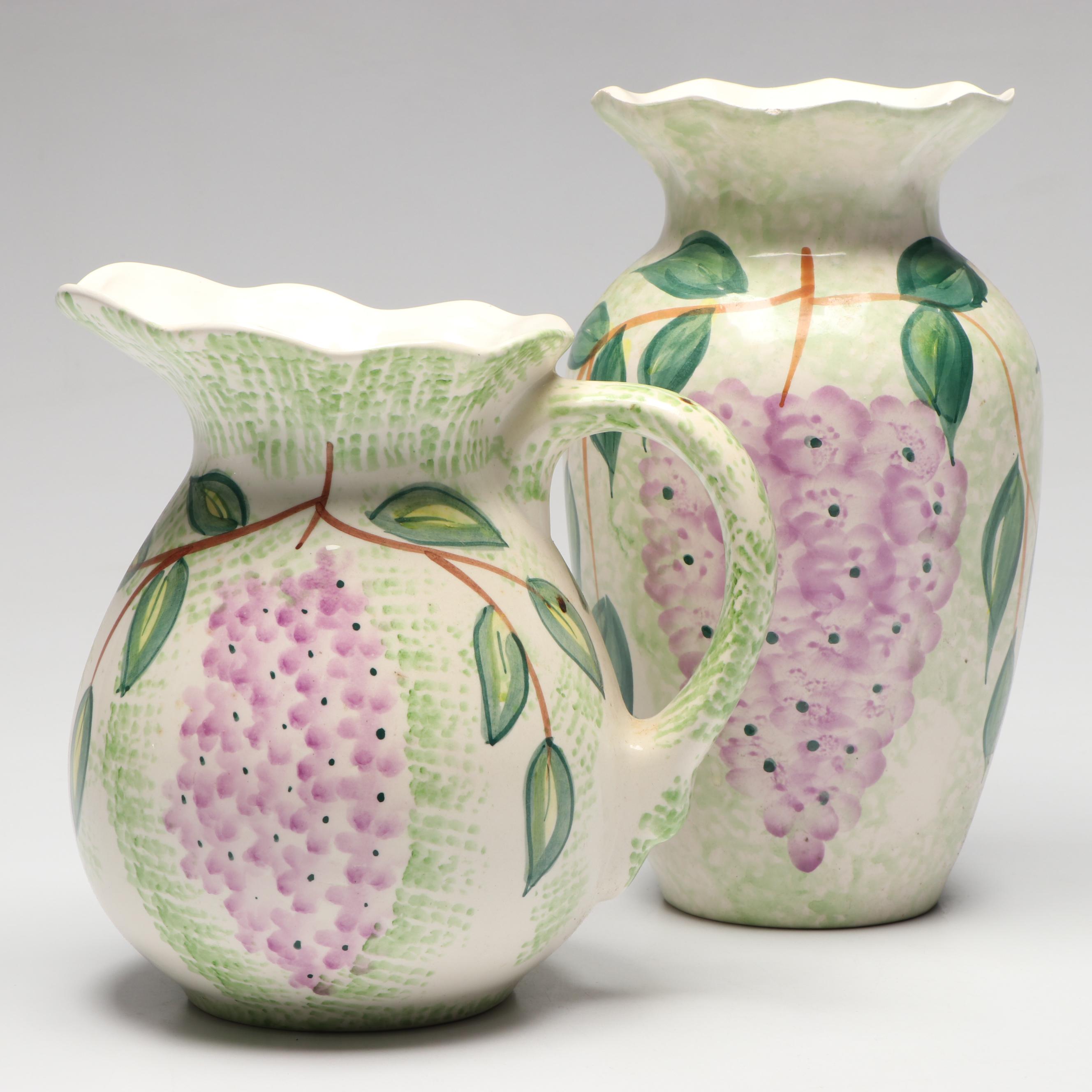 Chinese Hand-Painted Wisteria Blooms Ceramic Vase and Matching Pitcher