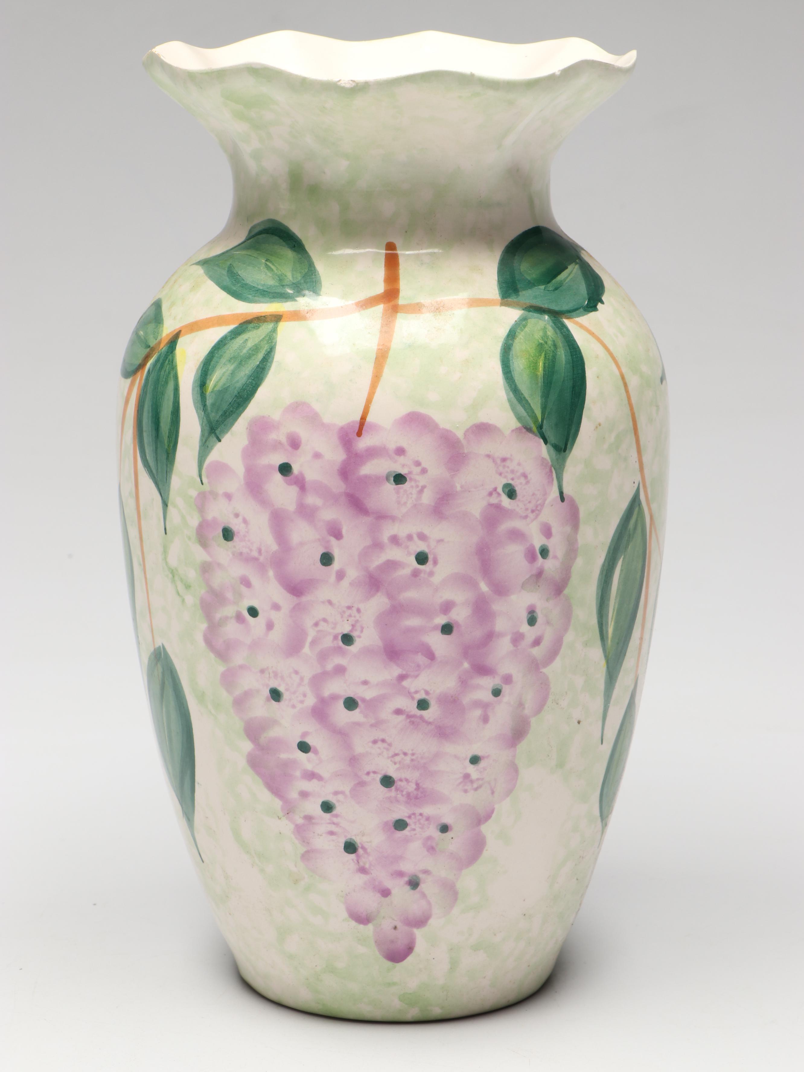 Chinese Hand-Painted Wisteria Blooms Ceramic Vase and Matching Pitcher