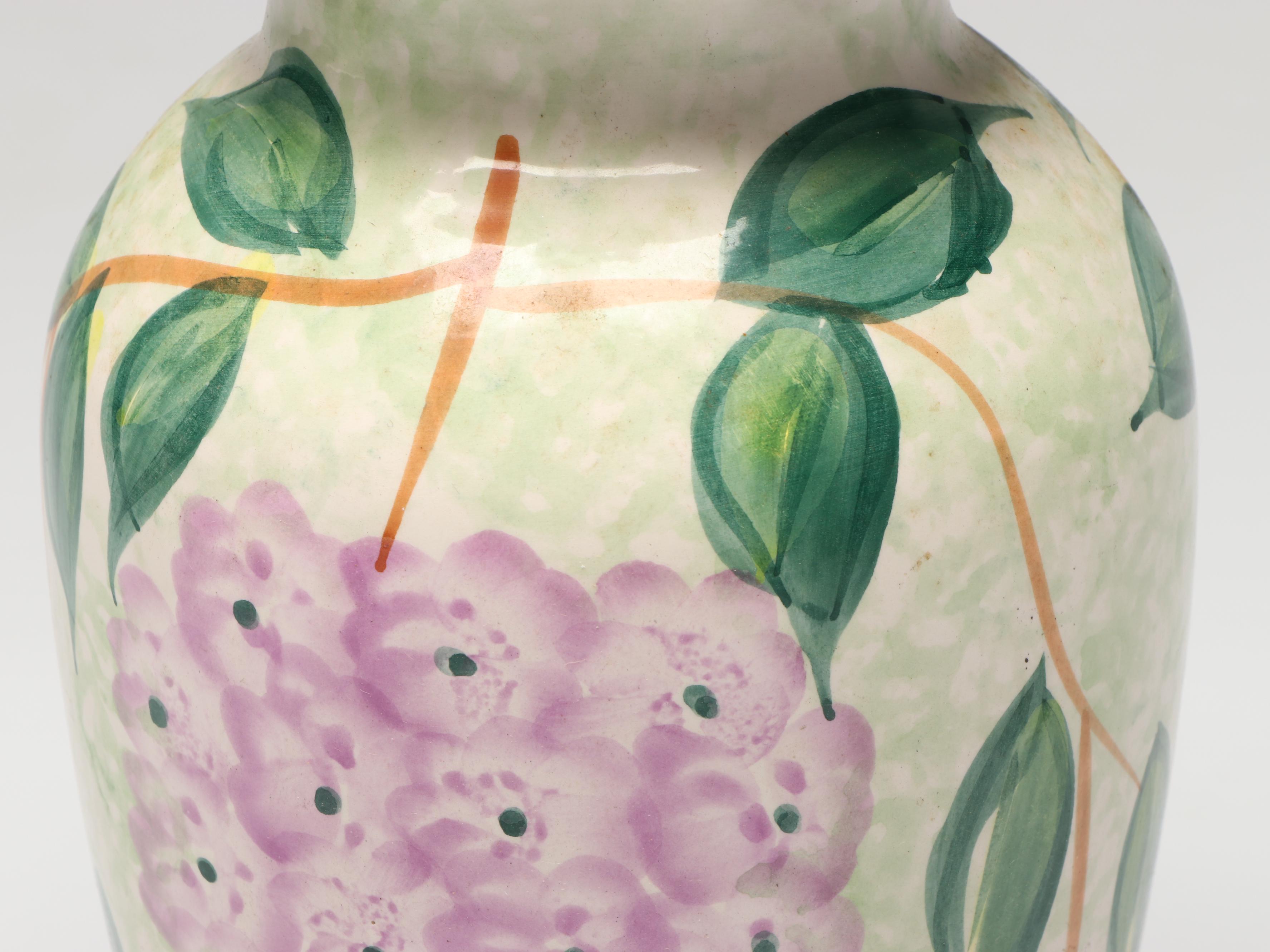 Chinese Hand-Painted Wisteria Blooms Ceramic Vase and Matching Pitcher