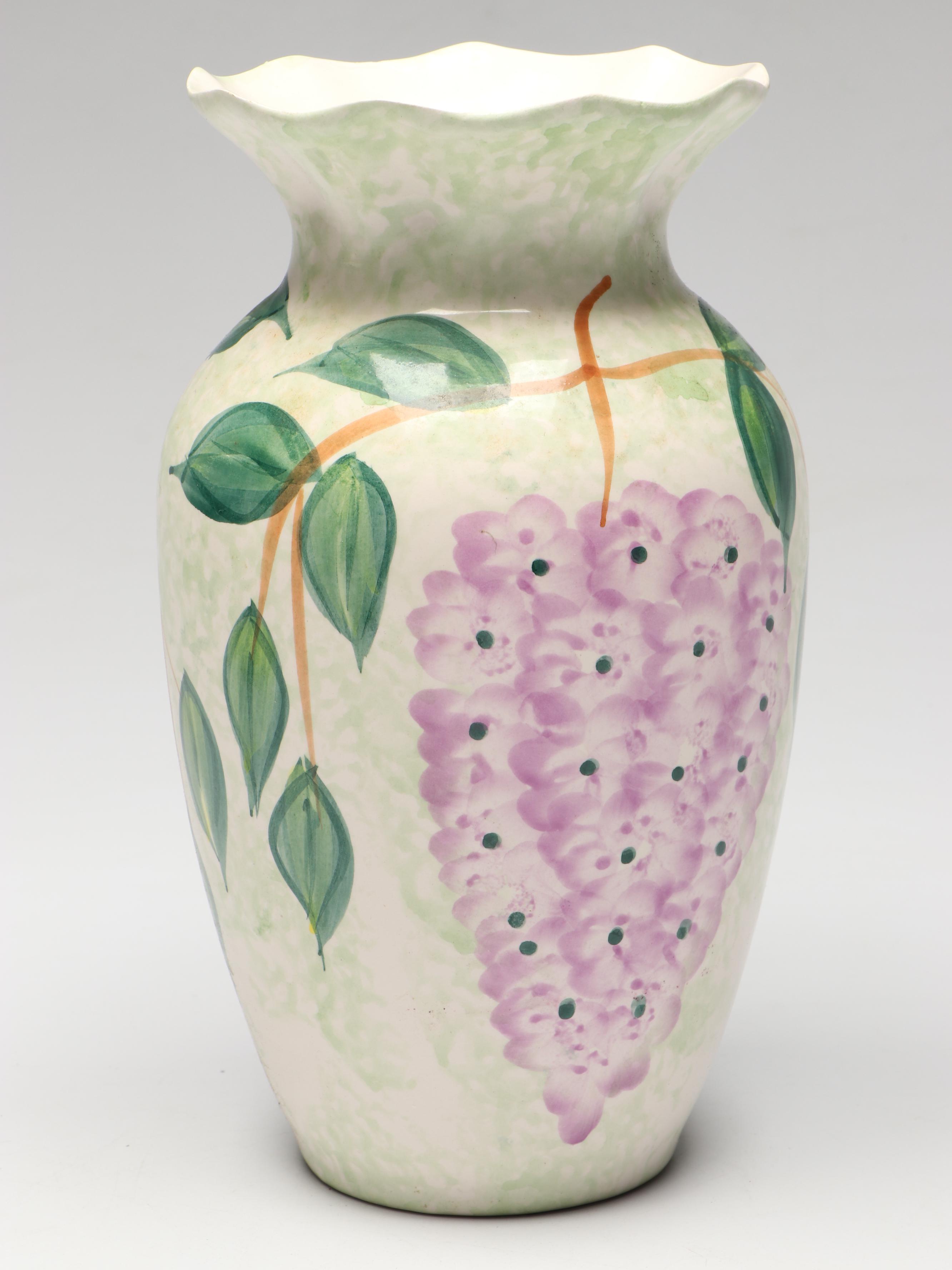 Chinese Hand-Painted Wisteria Blooms Ceramic Vase and Matching Pitcher