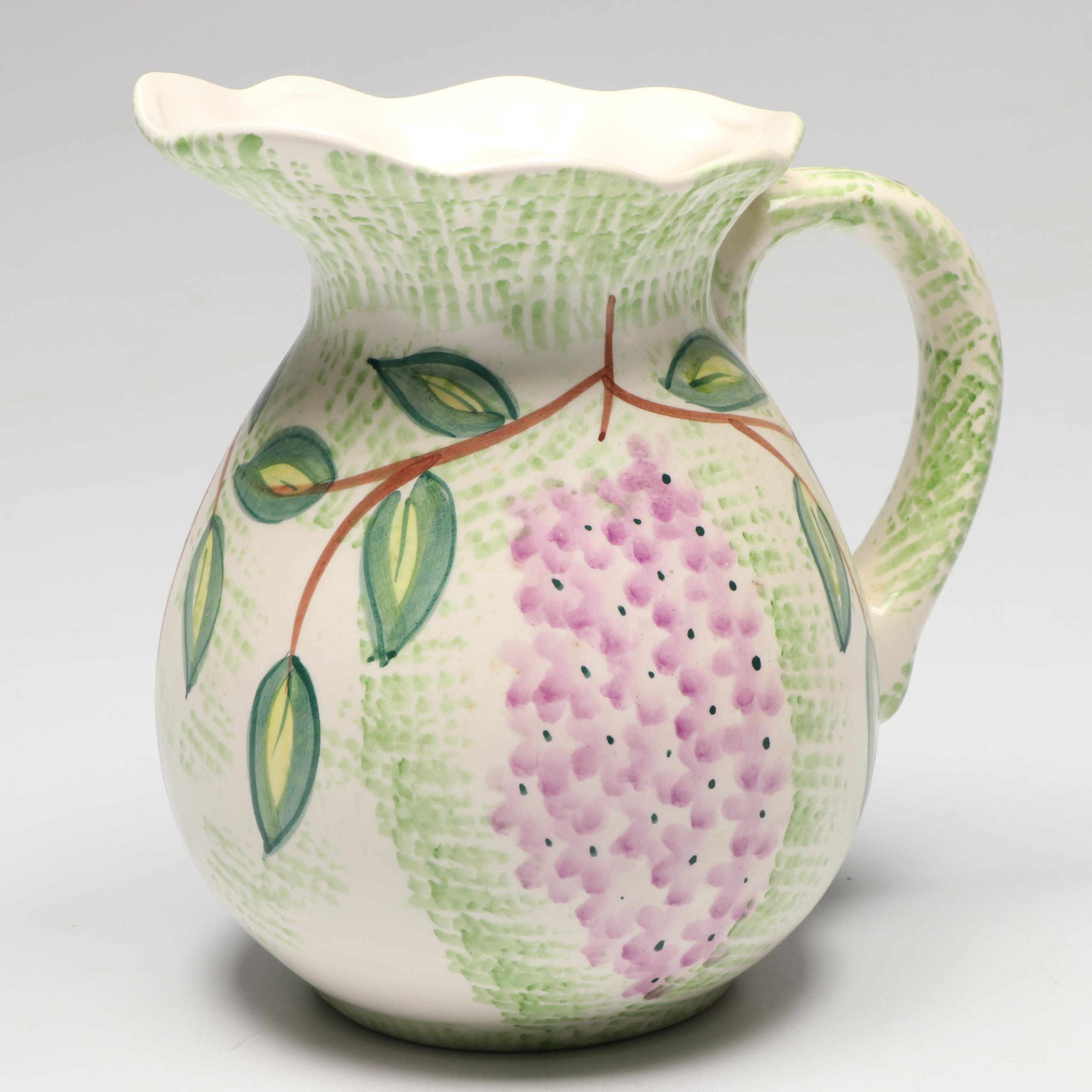 Chinese Hand-Painted Wisteria Blooms Ceramic Vase and Matching Pitcher