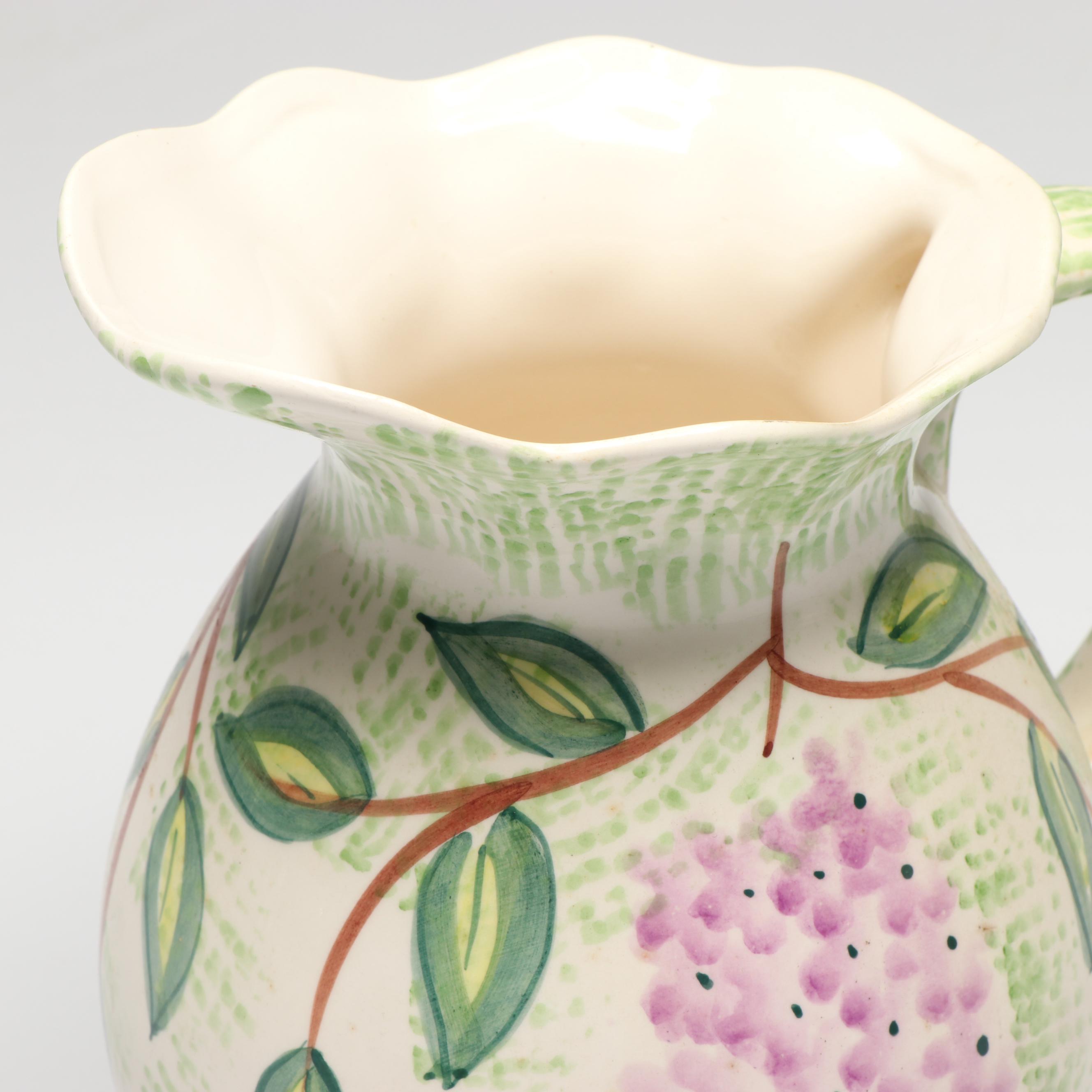 Chinese Hand-Painted Wisteria Blooms Ceramic Vase and Matching Pitcher