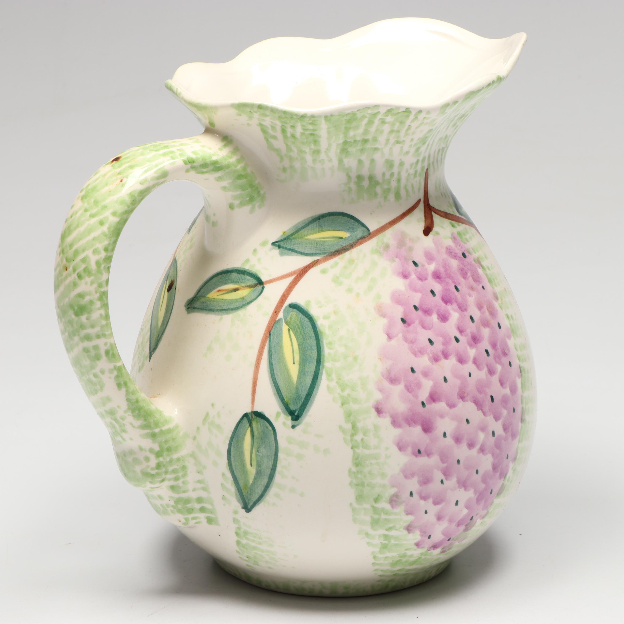 Chinese Hand-Painted Wisteria Blooms Ceramic Vase and Matching Pitcher