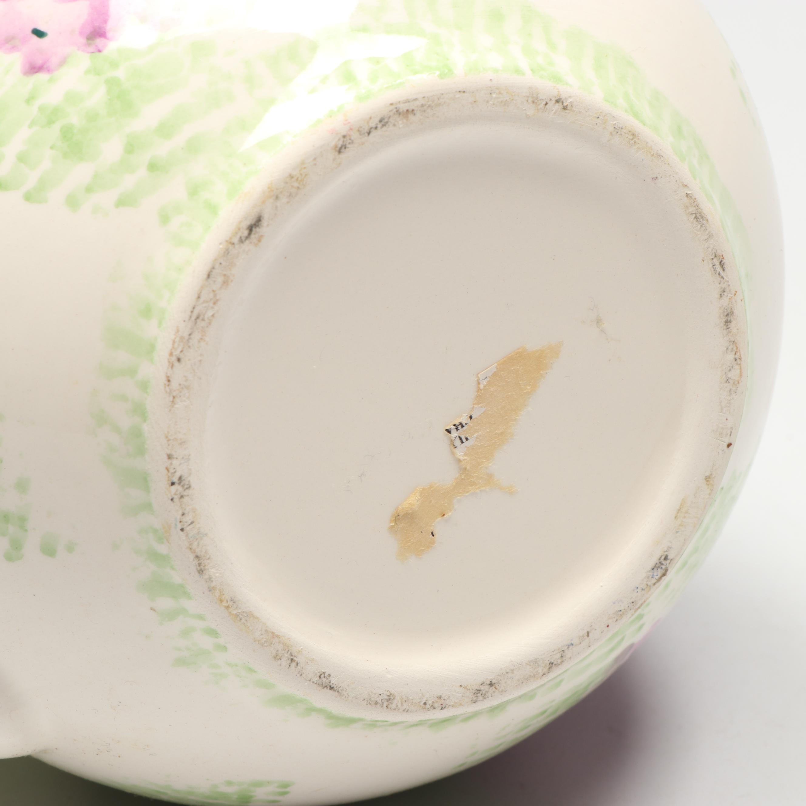 Chinese Hand-Painted Wisteria Blooms Ceramic Vase and Matching Pitcher