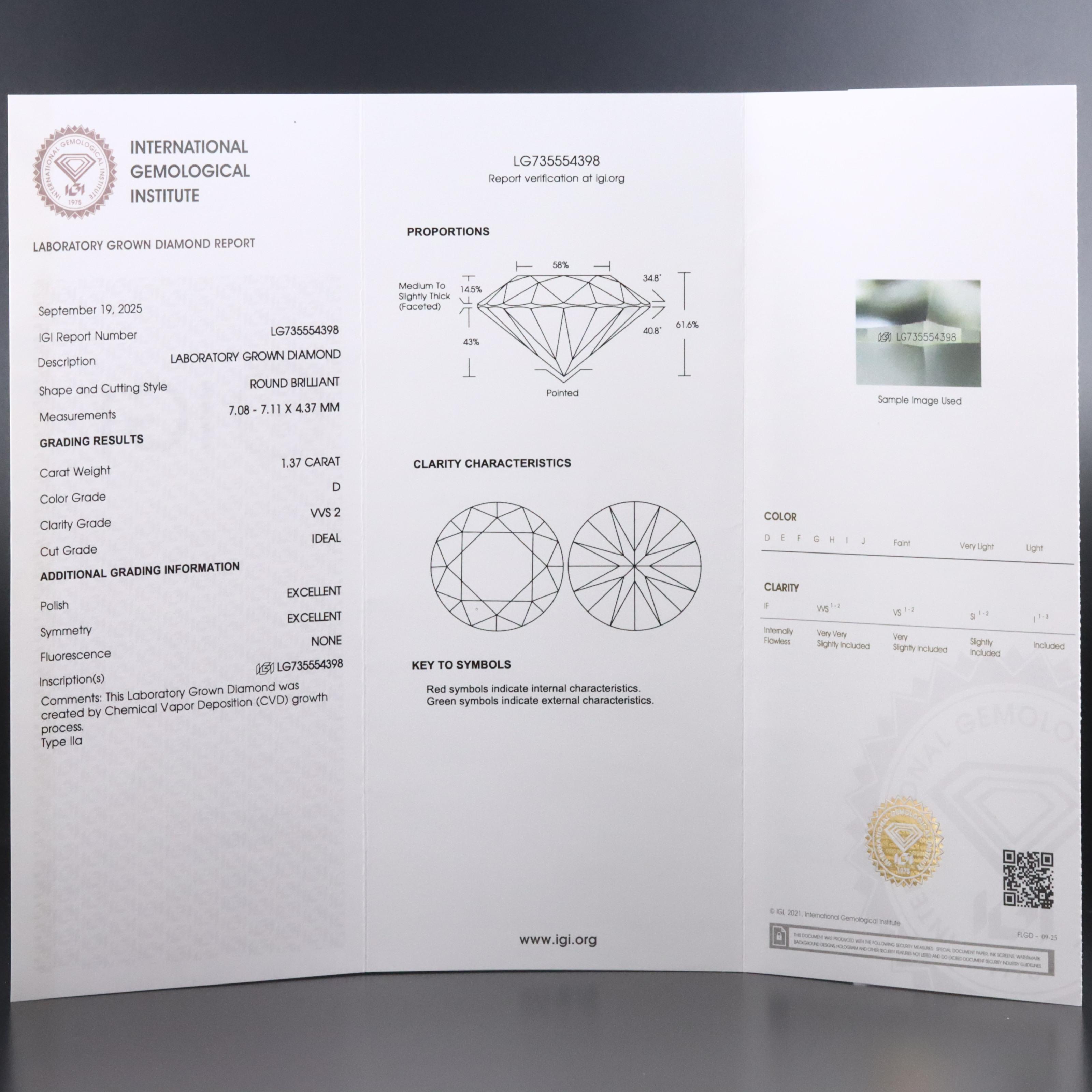Loose 1.37 CT Lab Grown Diamond with IGI Report