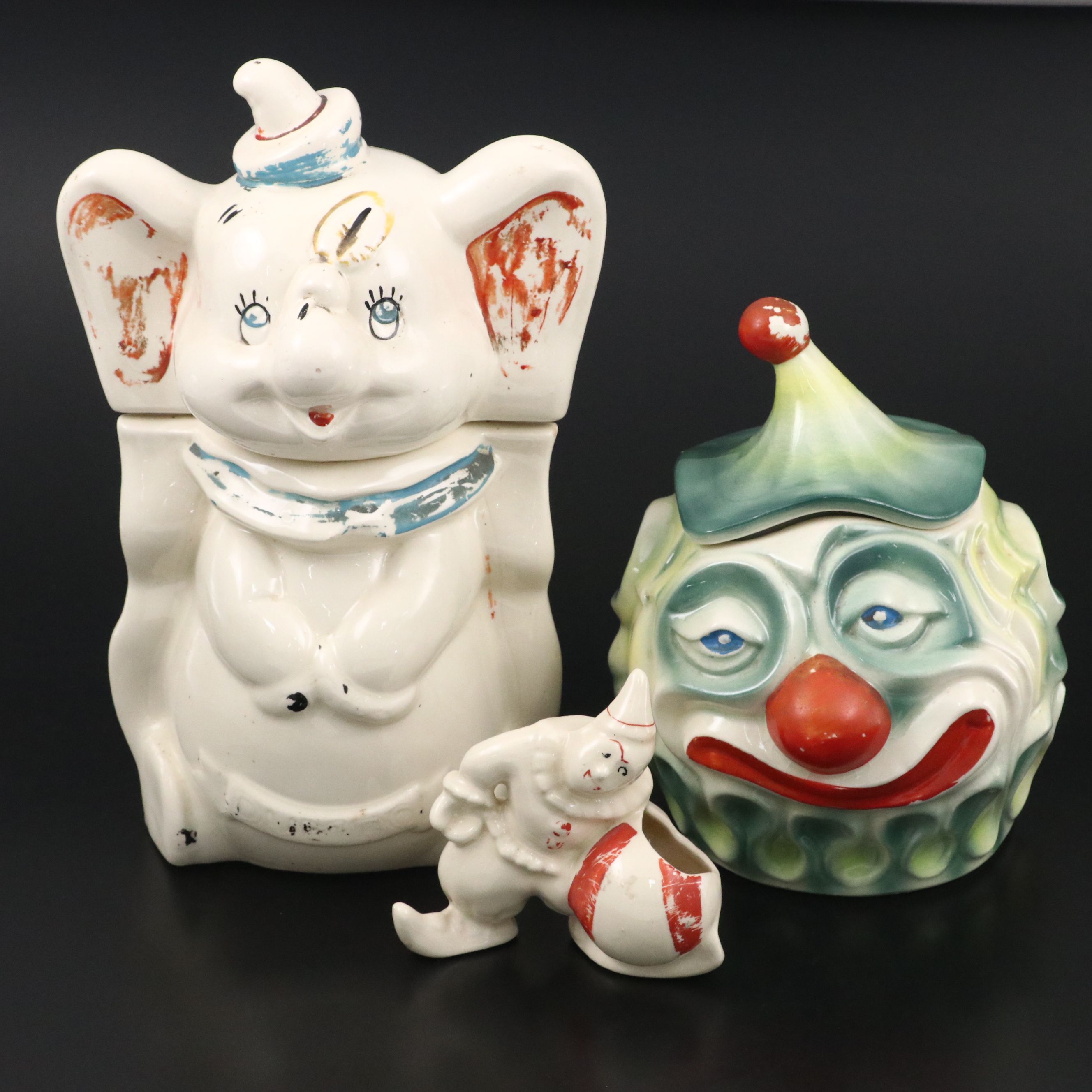 Walt Disney Turnabout Dumbo and McCoy Clown Cookie Jars with Clown Planter