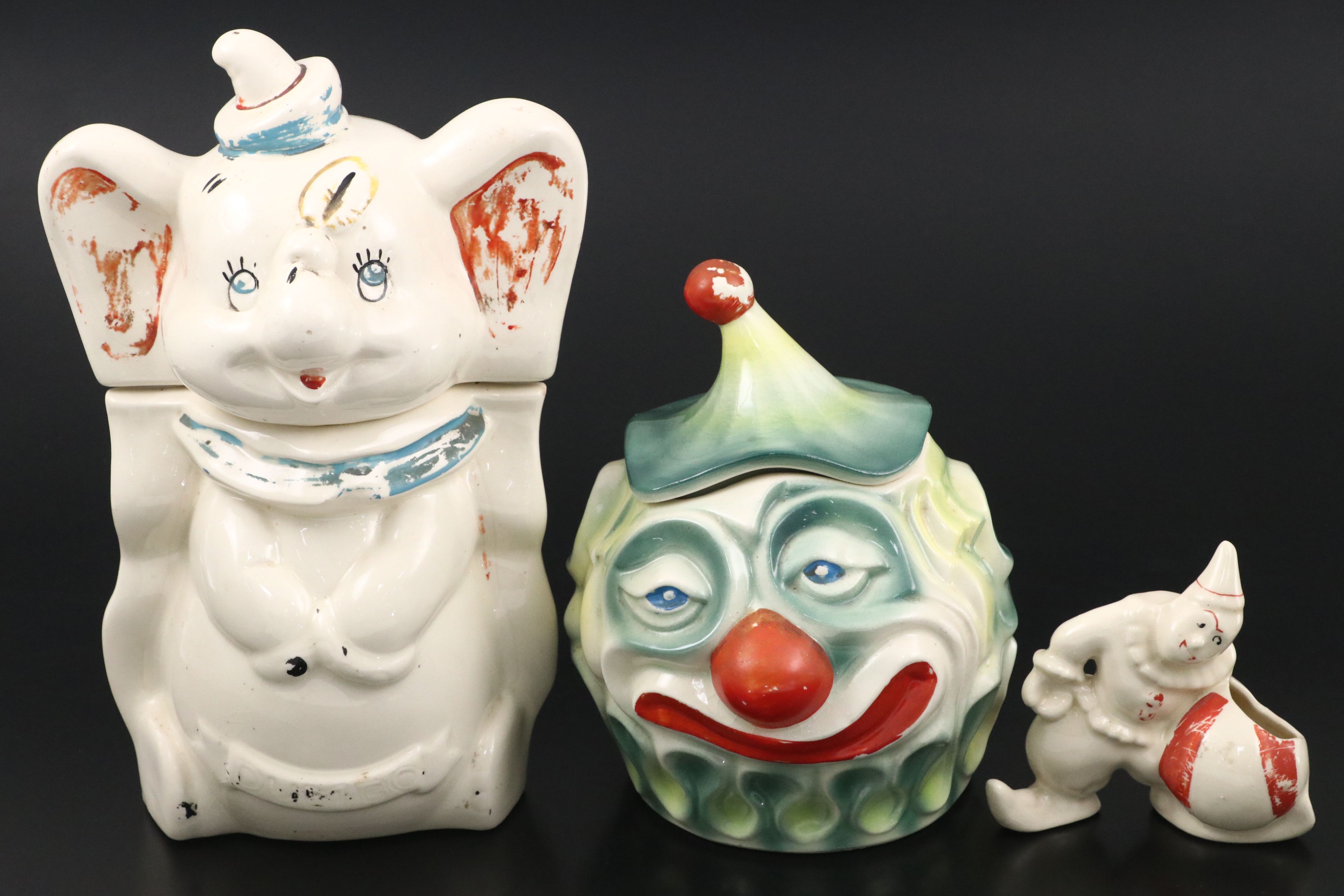 Walt Disney Turnabout Dumbo and McCoy Clown Cookie Jars with Clown Planter