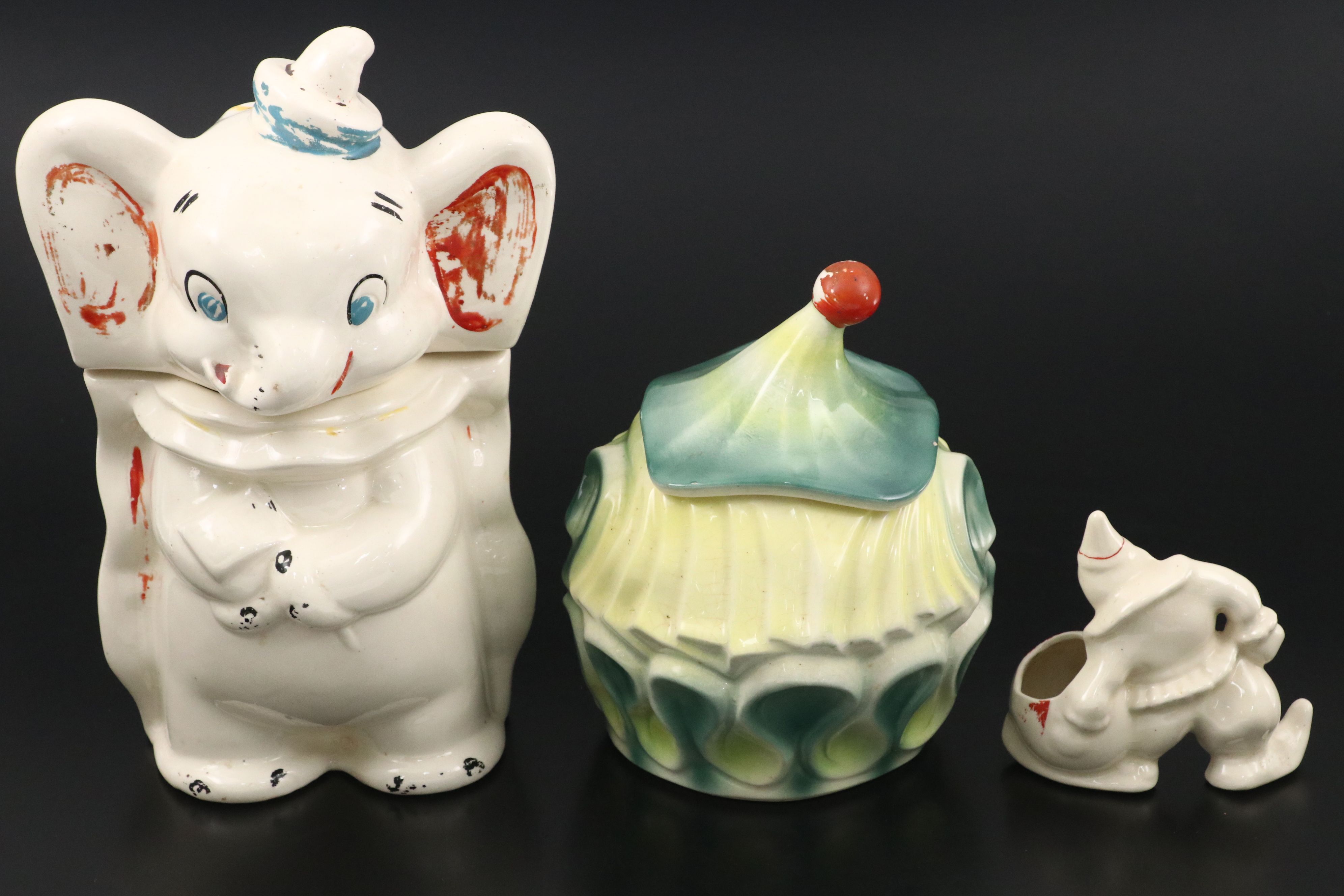 Walt Disney Turnabout Dumbo and McCoy Clown Cookie Jars with Clown Planter