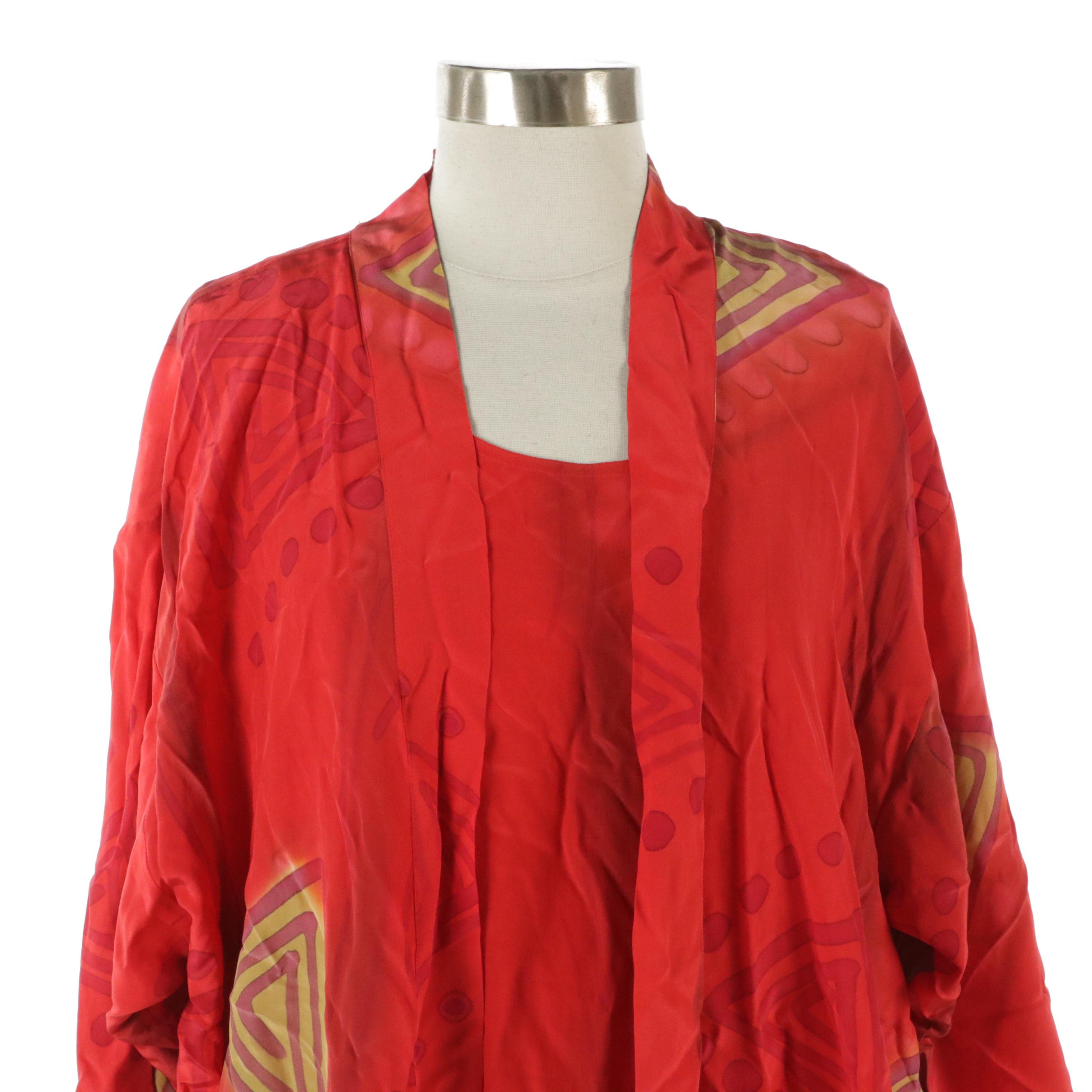 Simply Silk Red Sleeveless Side Slit Midi Dress and Matching Open Robe