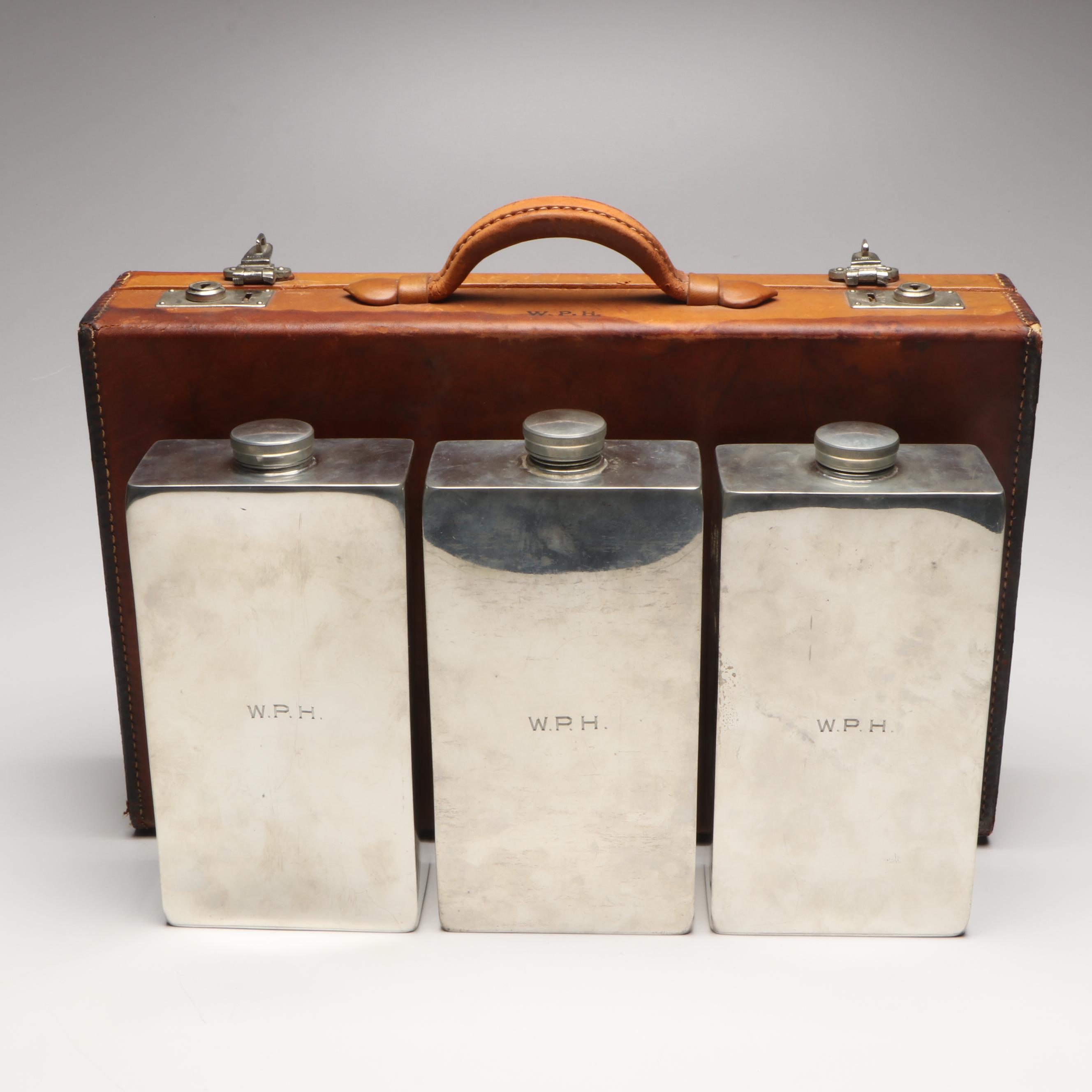 Abercrombie & Fitch Co. Silver Plate Bottles with Leather Carry Case