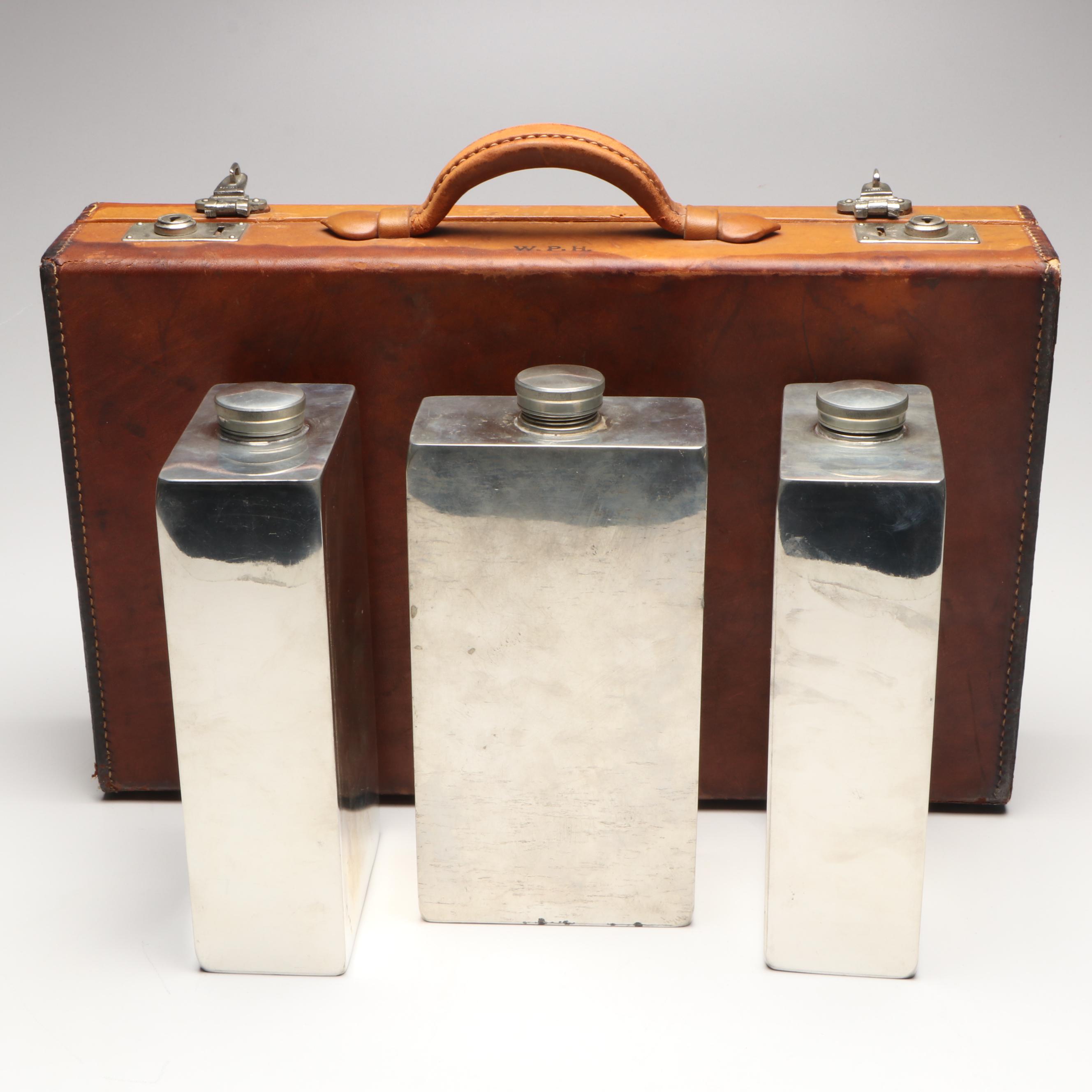Abercrombie & Fitch Co. Silver Plate Bottles with Leather Carry Case