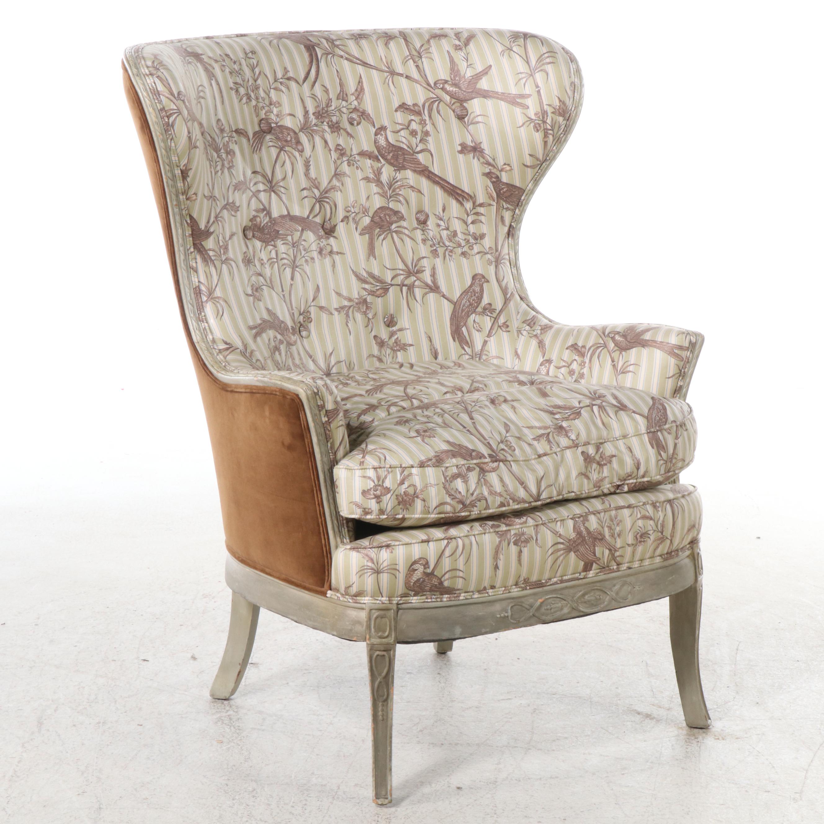 French Provincial Style Painted Wood and Mixed Upholstery Wingback Chair