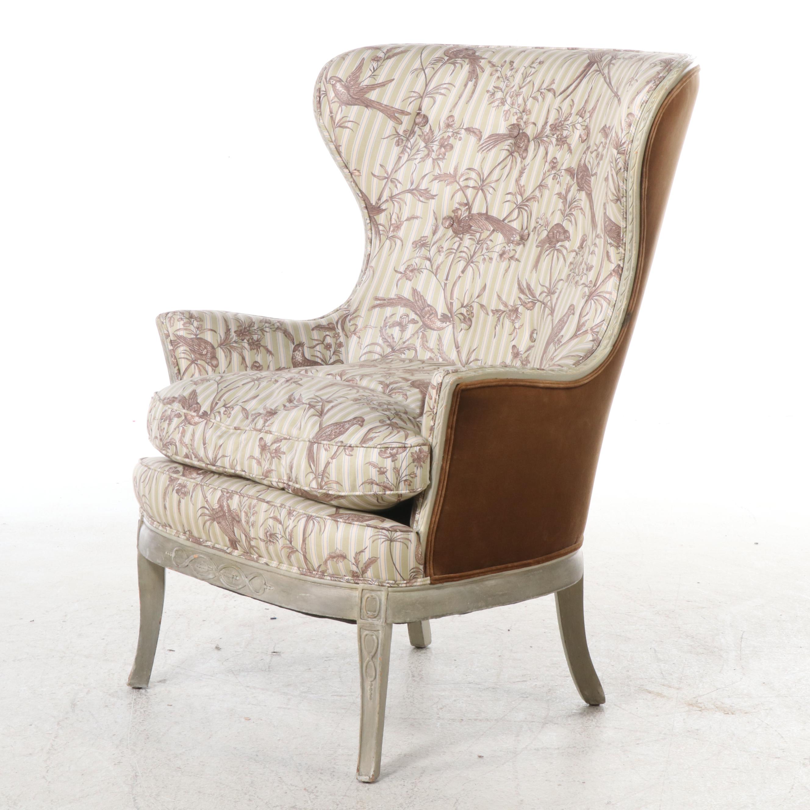 French Provincial Style Painted Wood and Mixed Upholstery Wingback Chair