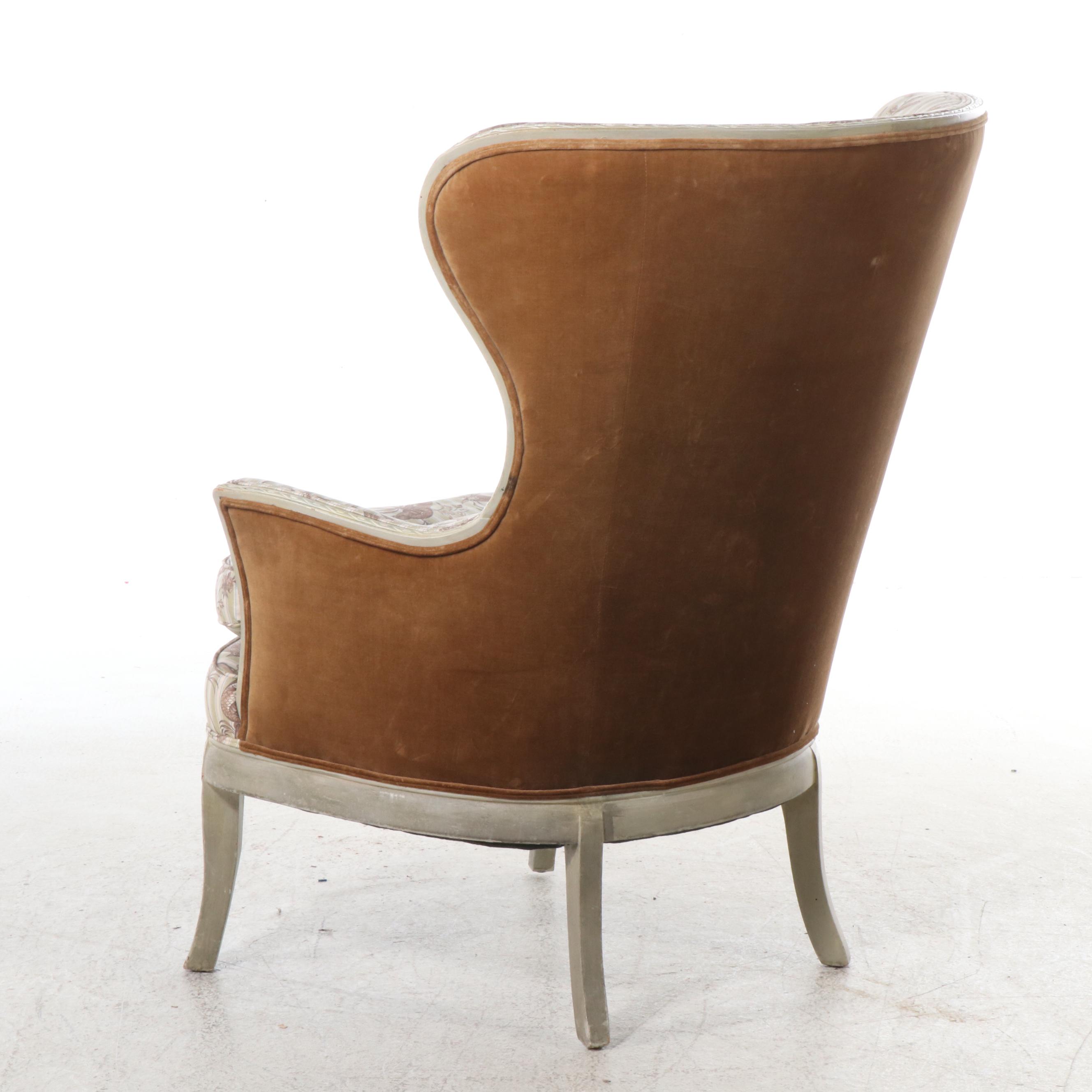 French Provincial Style Painted Wood and Mixed Upholstery Wingback Chair