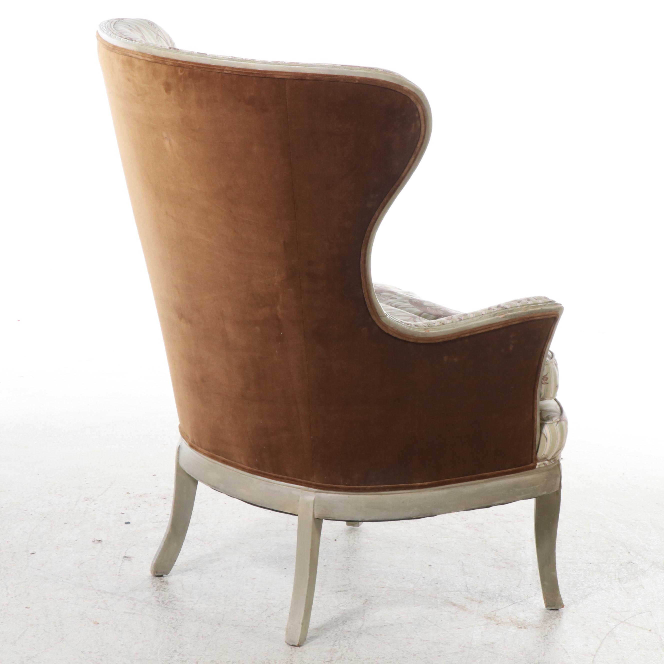 French Provincial Style Painted Wood and Mixed Upholstery Wingback Chair