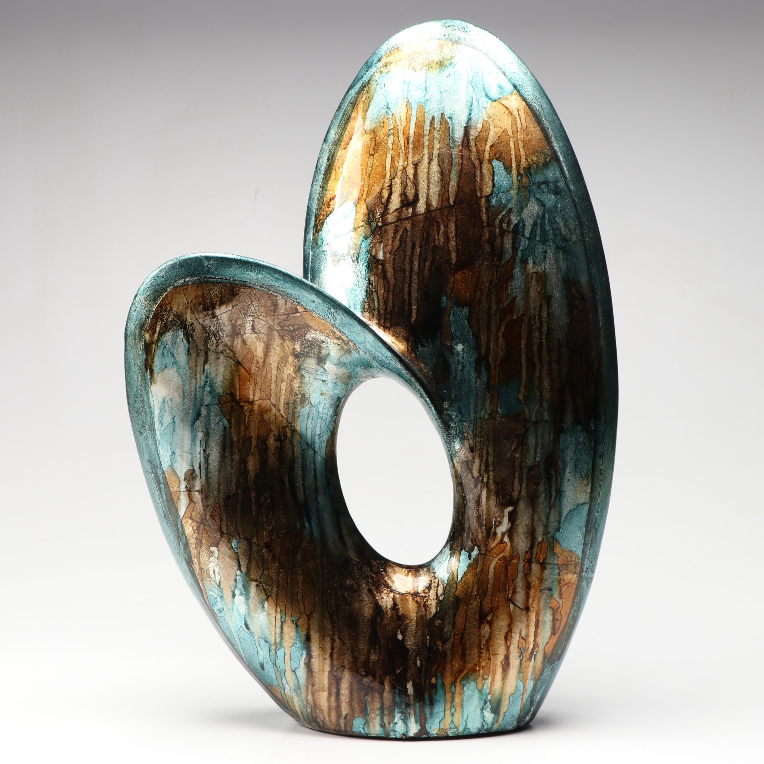 Fused Iridescent Gold, Bronze and Aquamarine Glazed Ceramic Mod Figure