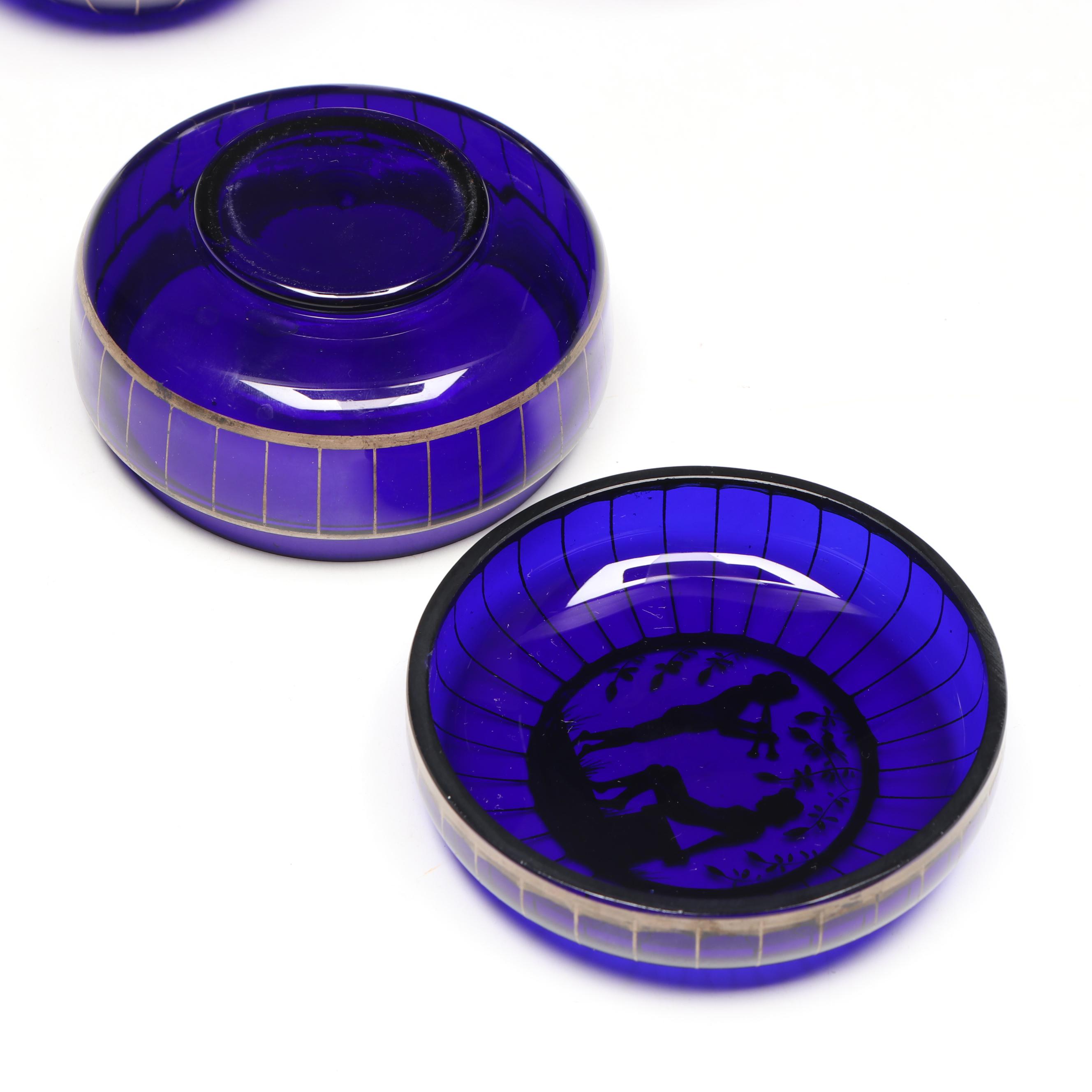 Hand-Painted Cobalt Blue Perfume Bottles and Powder Box, Early 20th Century