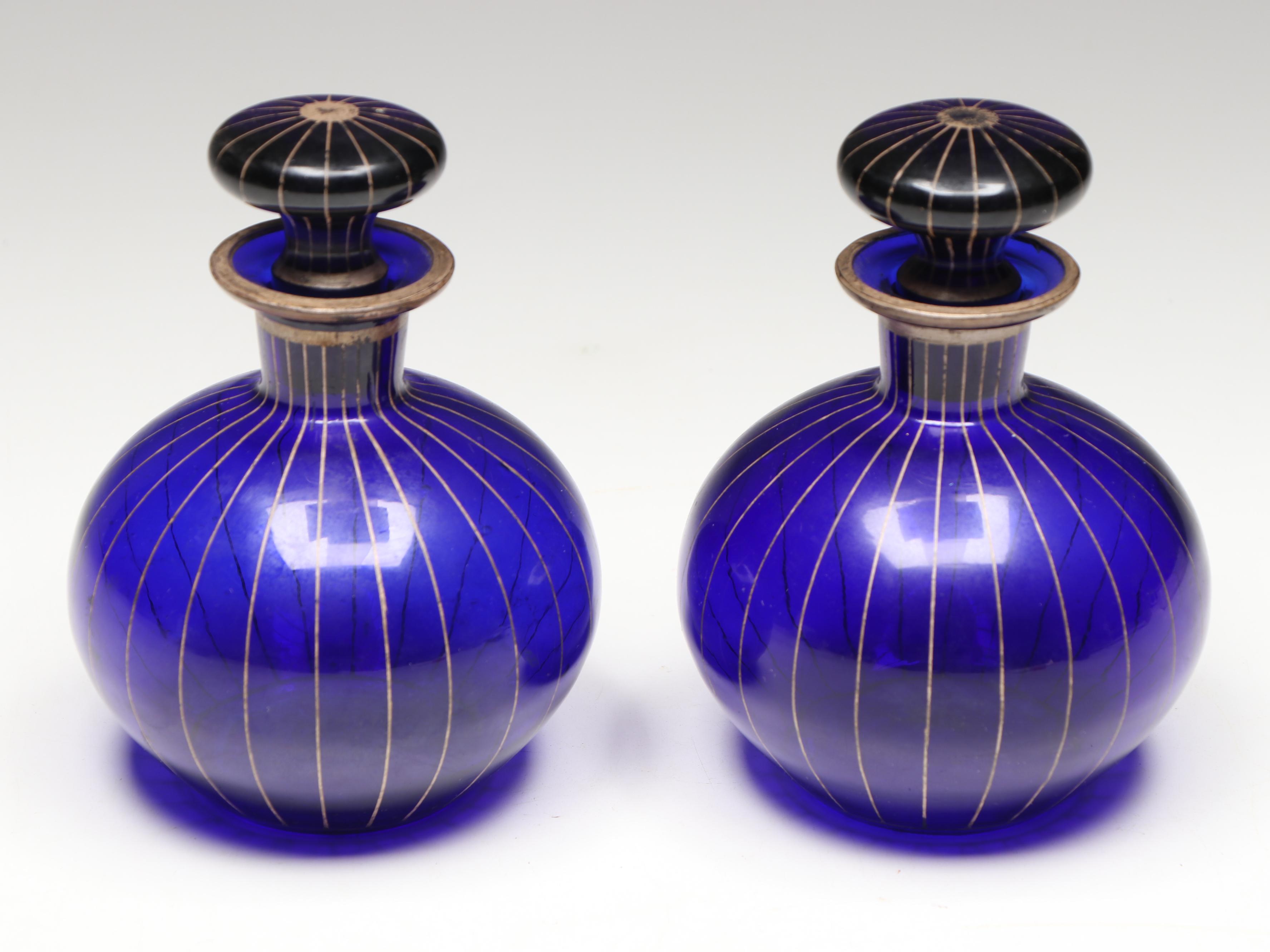 Hand-Painted Cobalt Blue Perfume Bottles and Powder Box, Early 20th Century