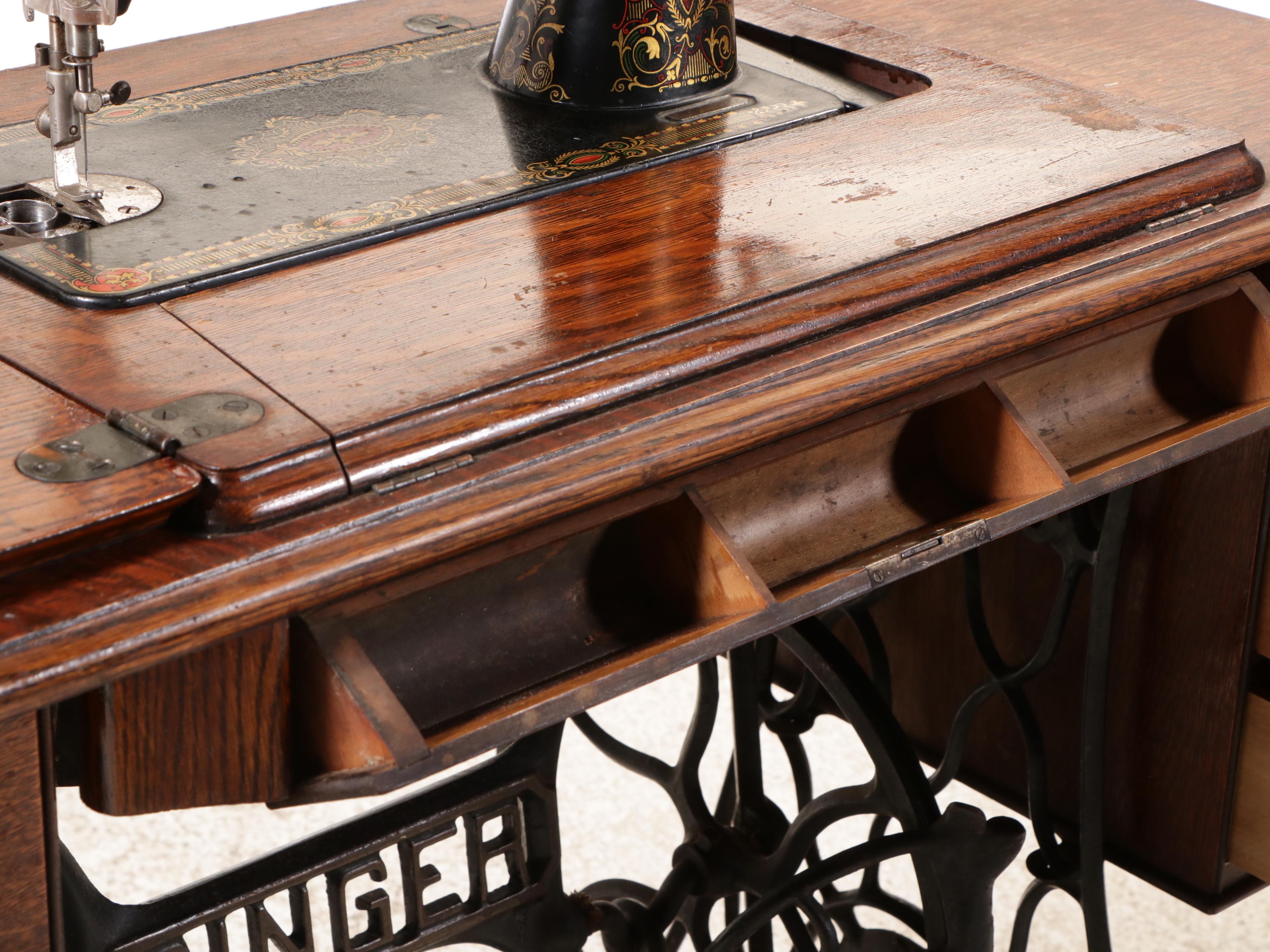 Singer Model 66 Treadle Sewing Machine in Oak Cabinet, 1922
