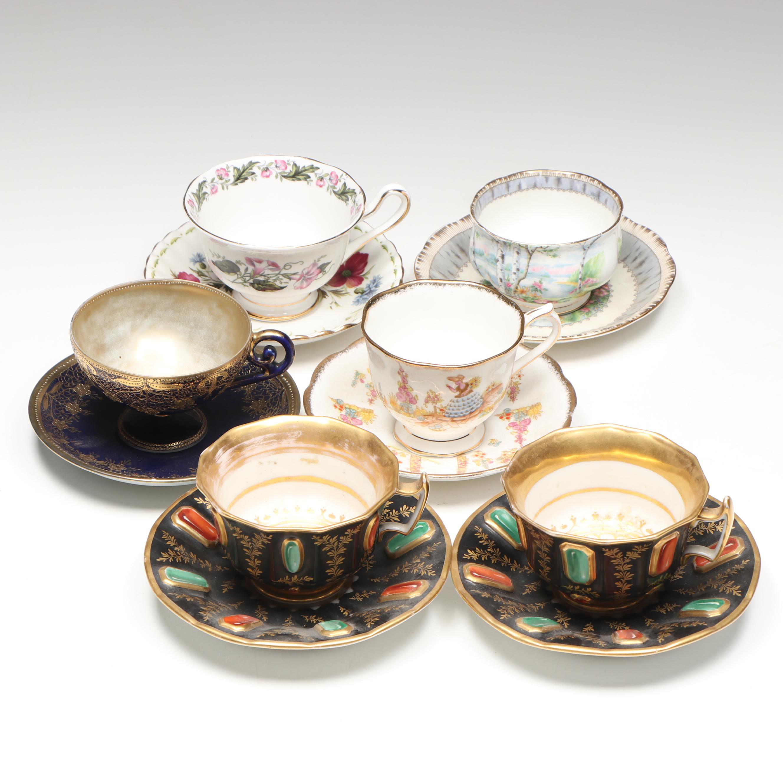 Royal Albert "Cotswold," "Silver Birch" and Other Porcelain Teacups with Saucers