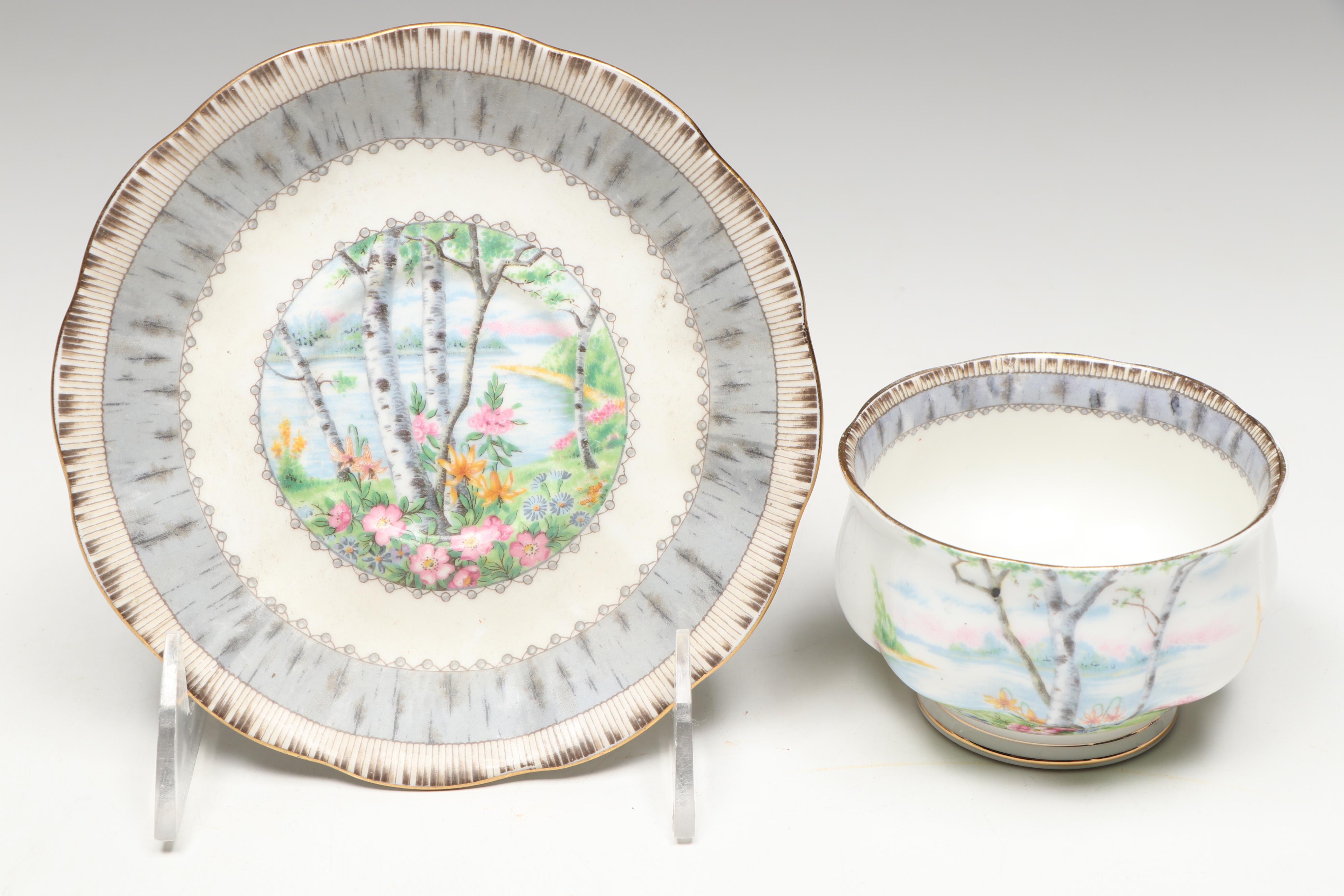 Royal Albert "Cotswold," "Silver Birch" and Other Porcelain Teacups with Saucers