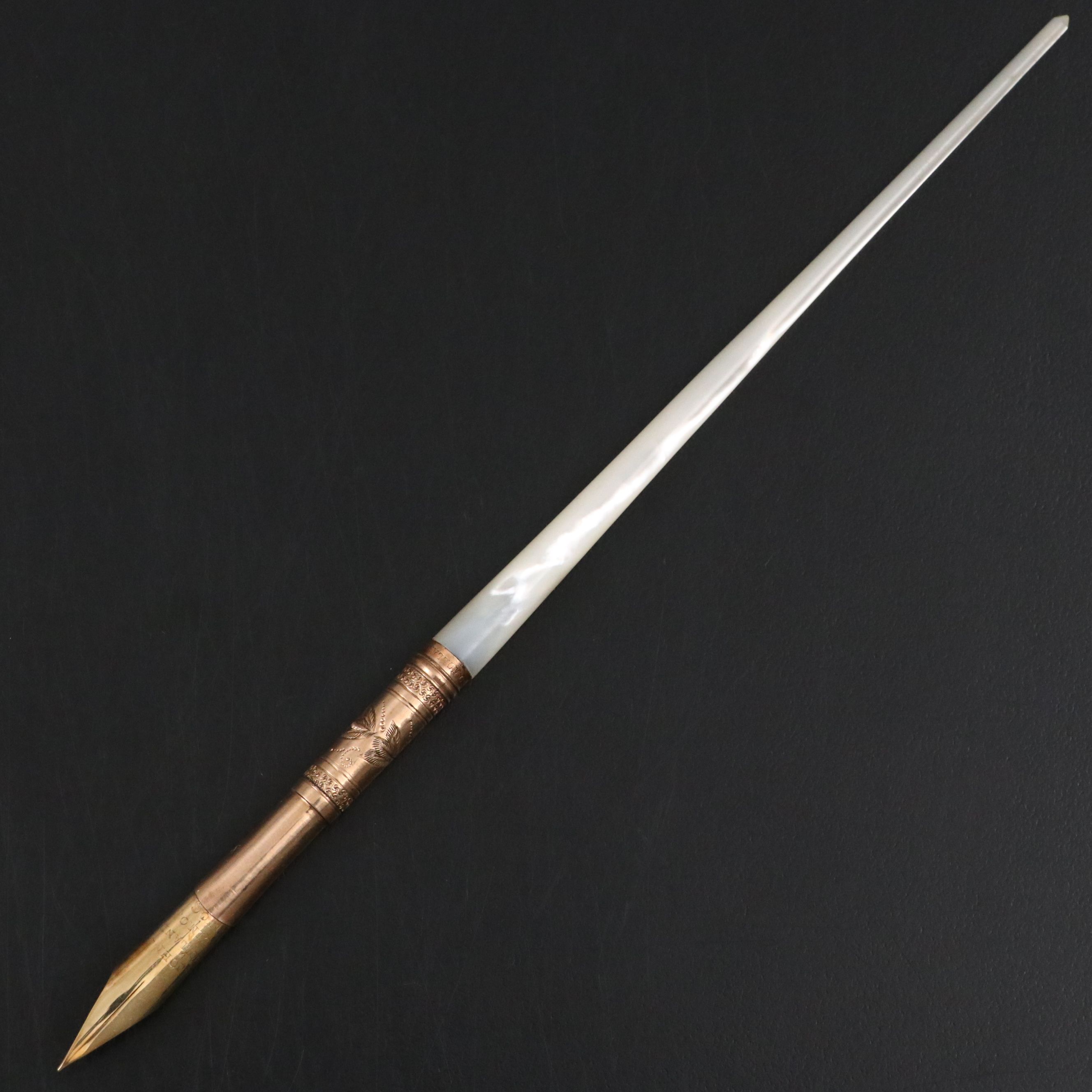 John Holland Mother-of-Pearl and Gold Plate Engraved Dip Pen, Late 19th Century