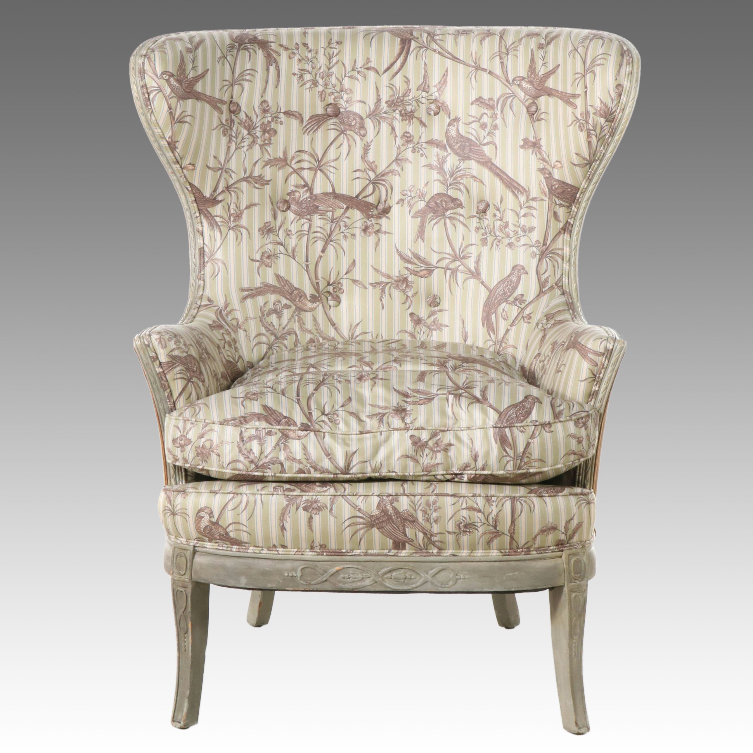 French Provincial Style Painted Wood and Mixed Upholstery Wingback Chair
