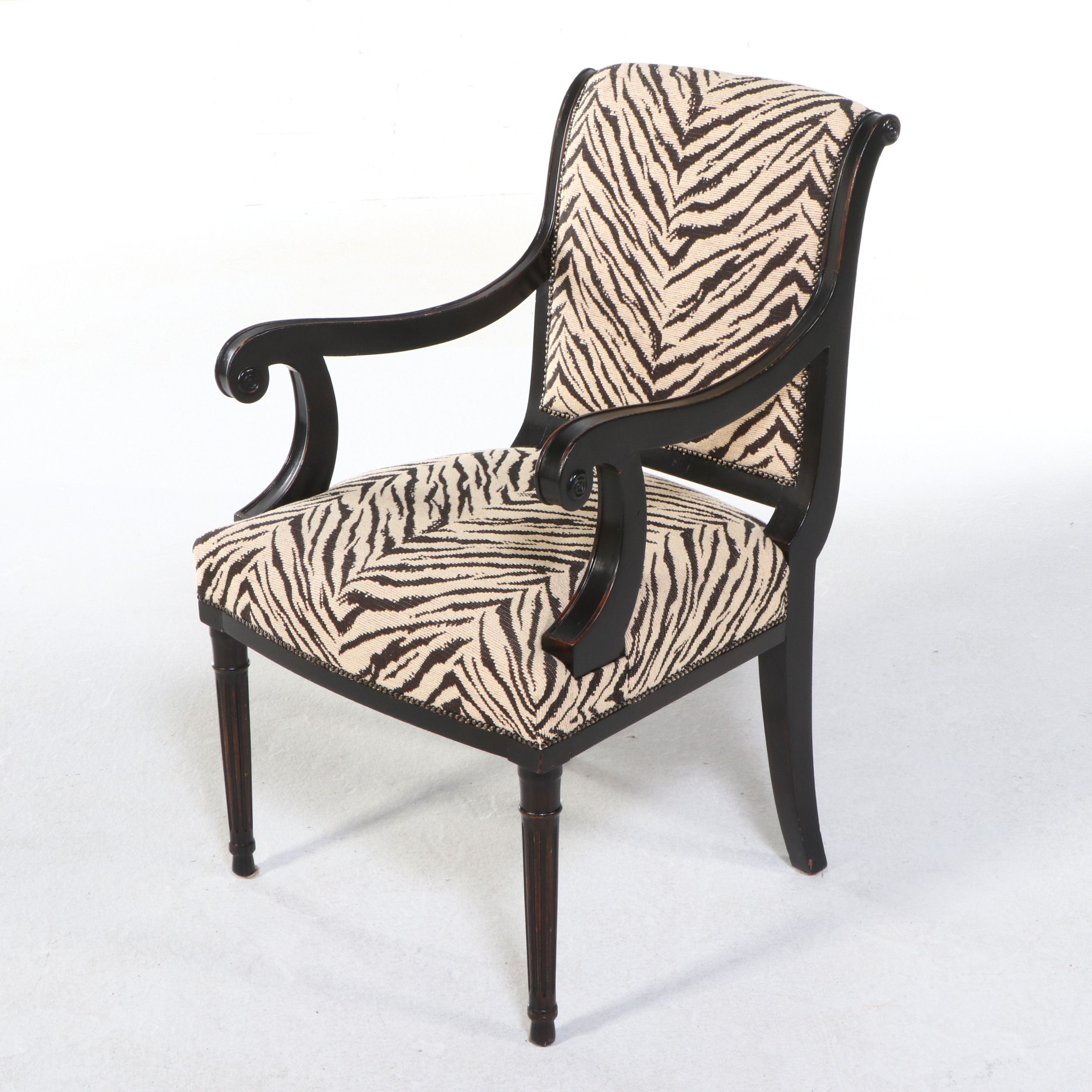 Empire Style Zebra Print Upholstered and Painted Wood Armchair