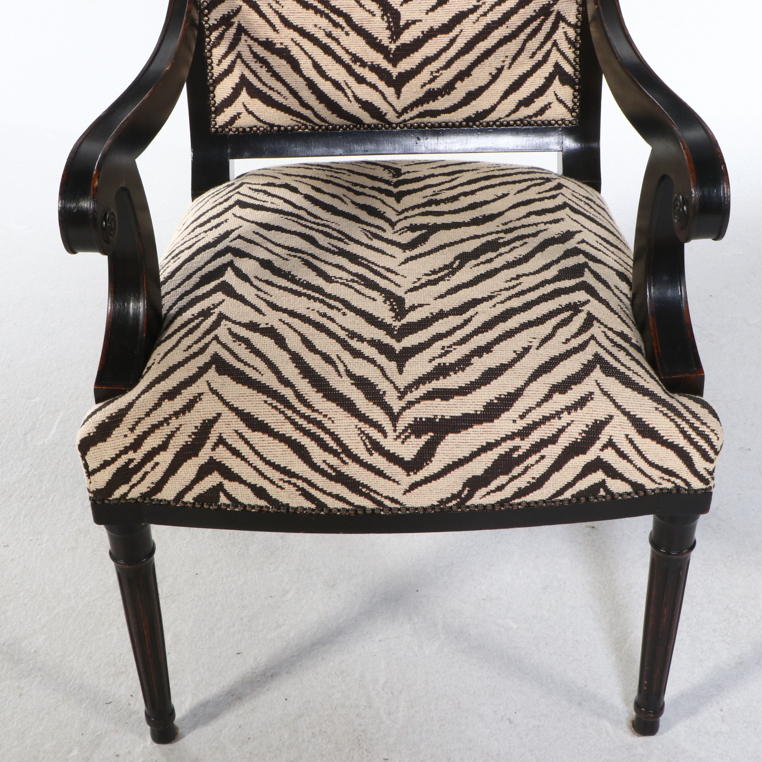 Empire Style Zebra Print Upholstered and Painted Wood Armchair