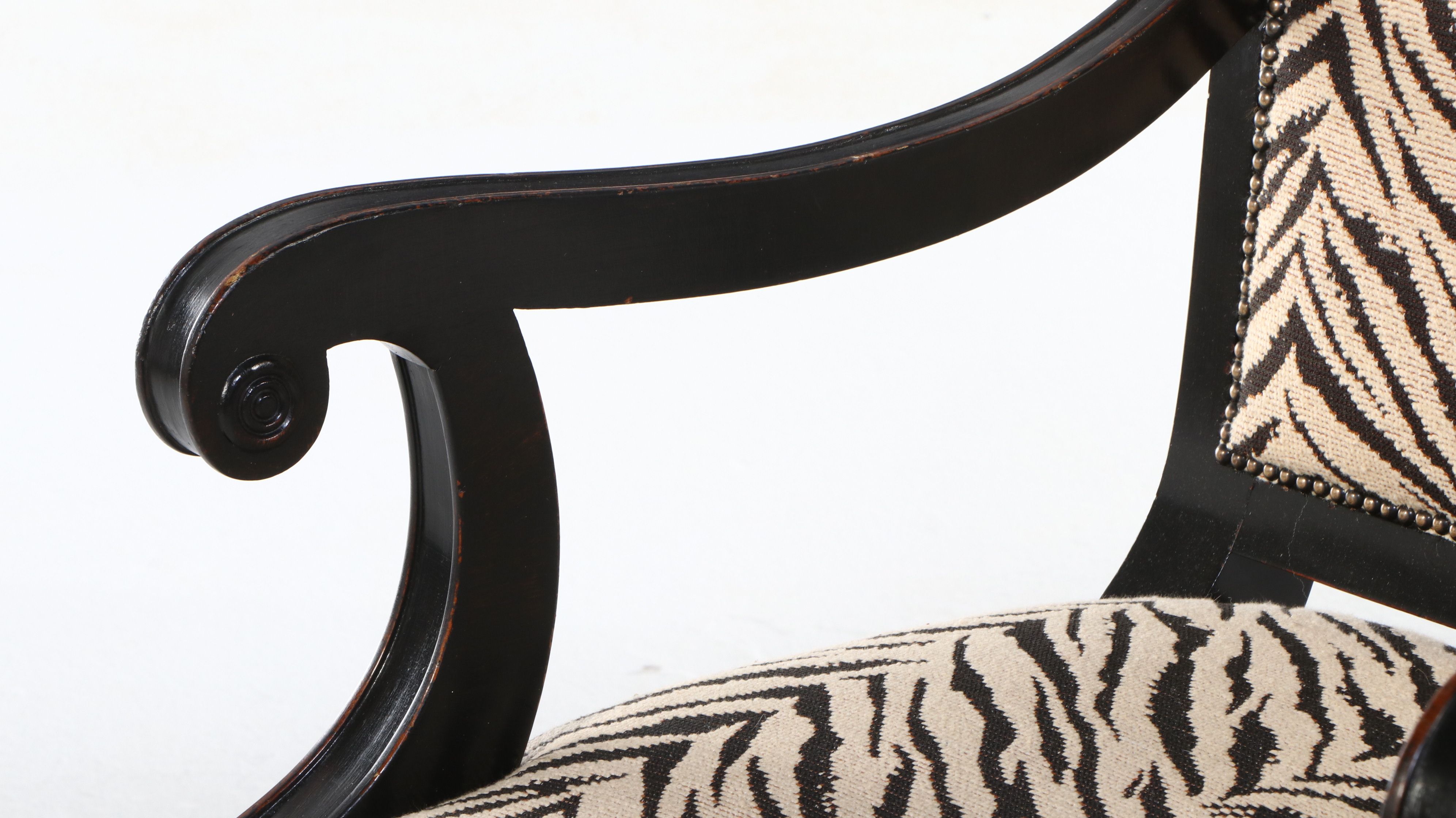 Empire Style Zebra Print Upholstered and Painted Wood Armchair