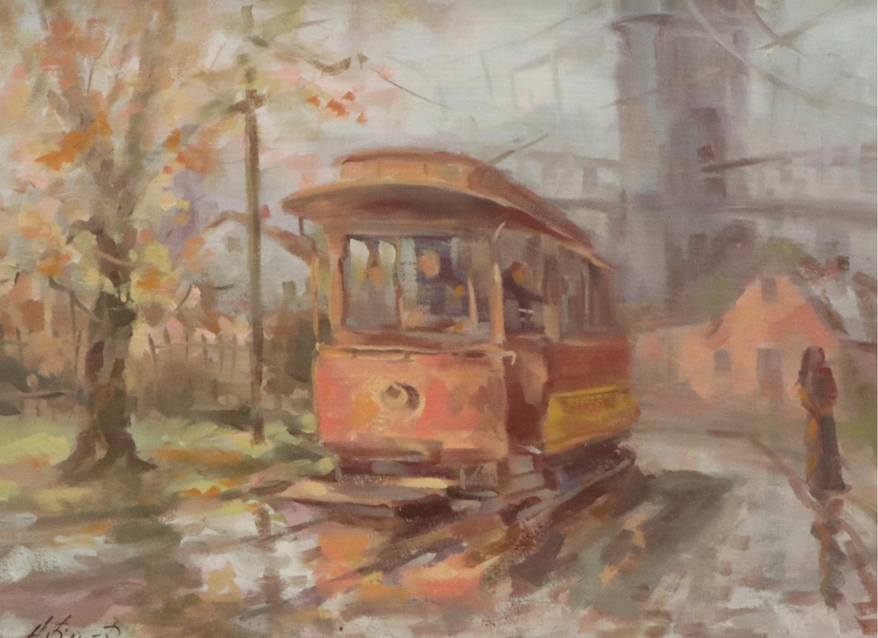H. Bauer Impressionistic Oil Painting of Autumnal Streetcar Scene