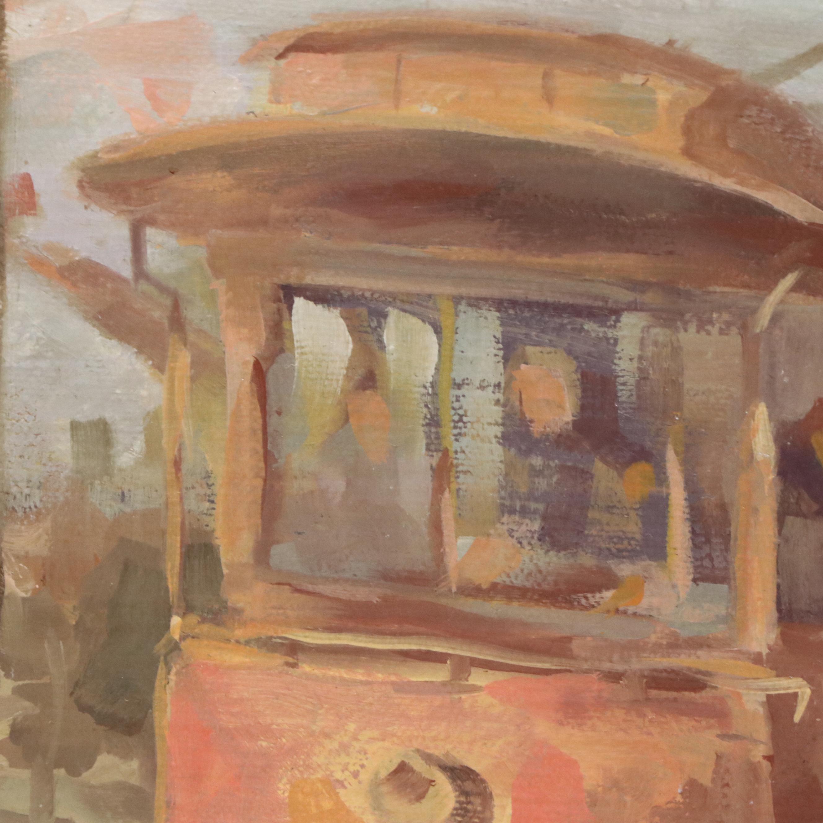 H. Bauer Impressionistic Oil Painting of Autumnal Streetcar Scene