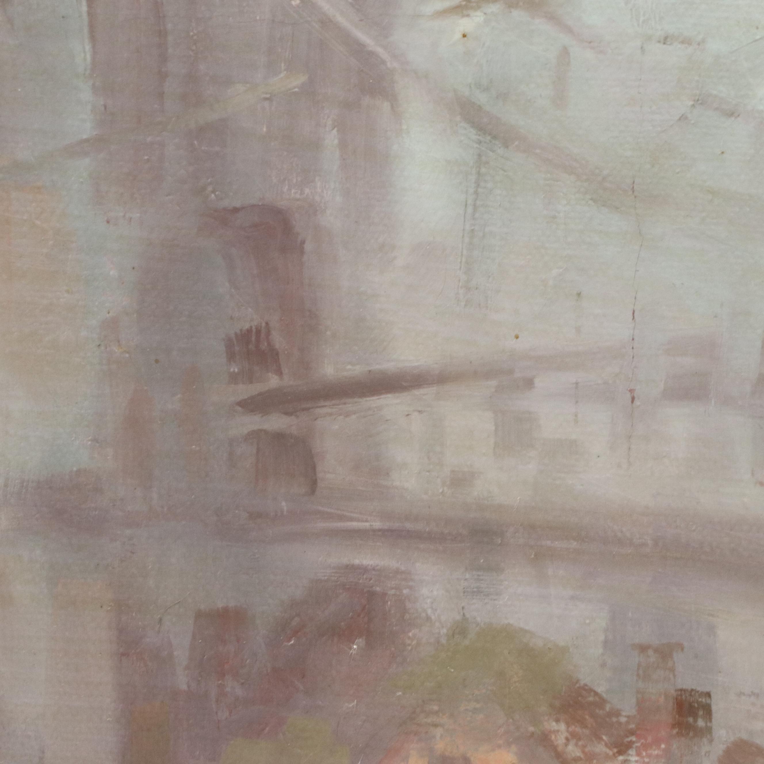 H. Bauer Impressionistic Oil Painting of Autumnal Streetcar Scene