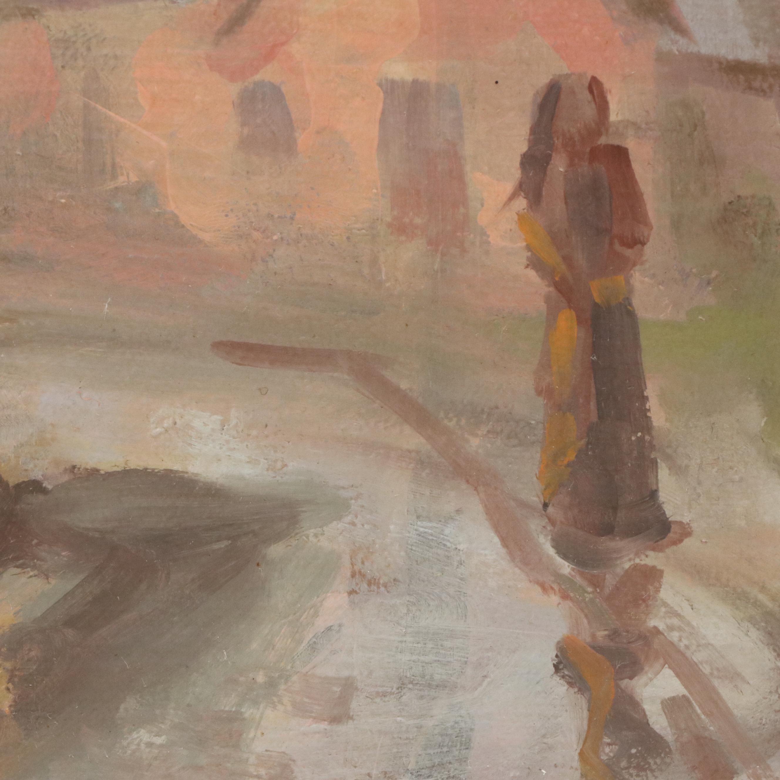 H. Bauer Impressionistic Oil Painting of Autumnal Streetcar Scene