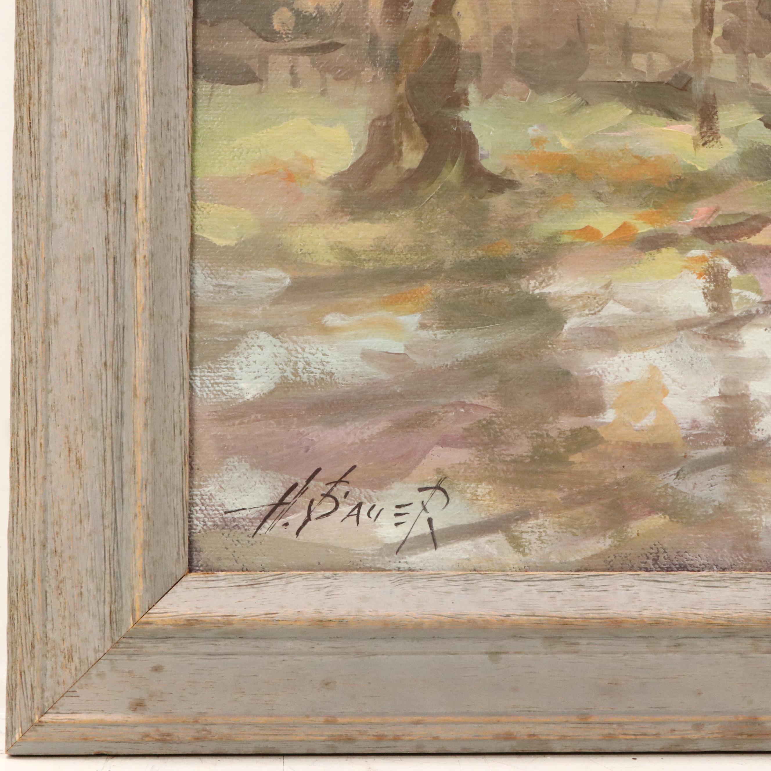 H. Bauer Impressionistic Oil Painting of Autumnal Streetcar Scene