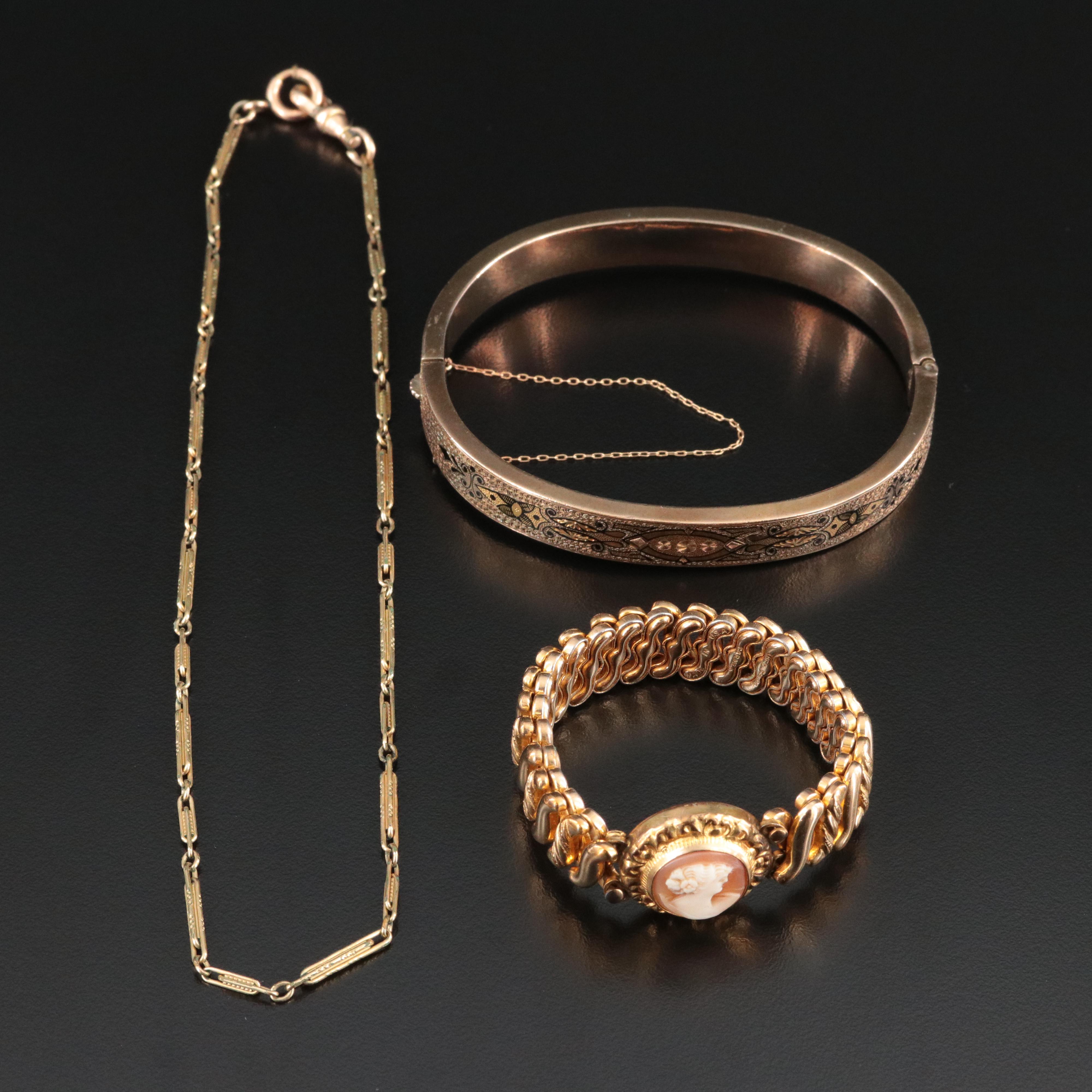 Carmen Cameo & Taille d’Epargné Bracelets with Shell & Gold-Filled Watch Chain