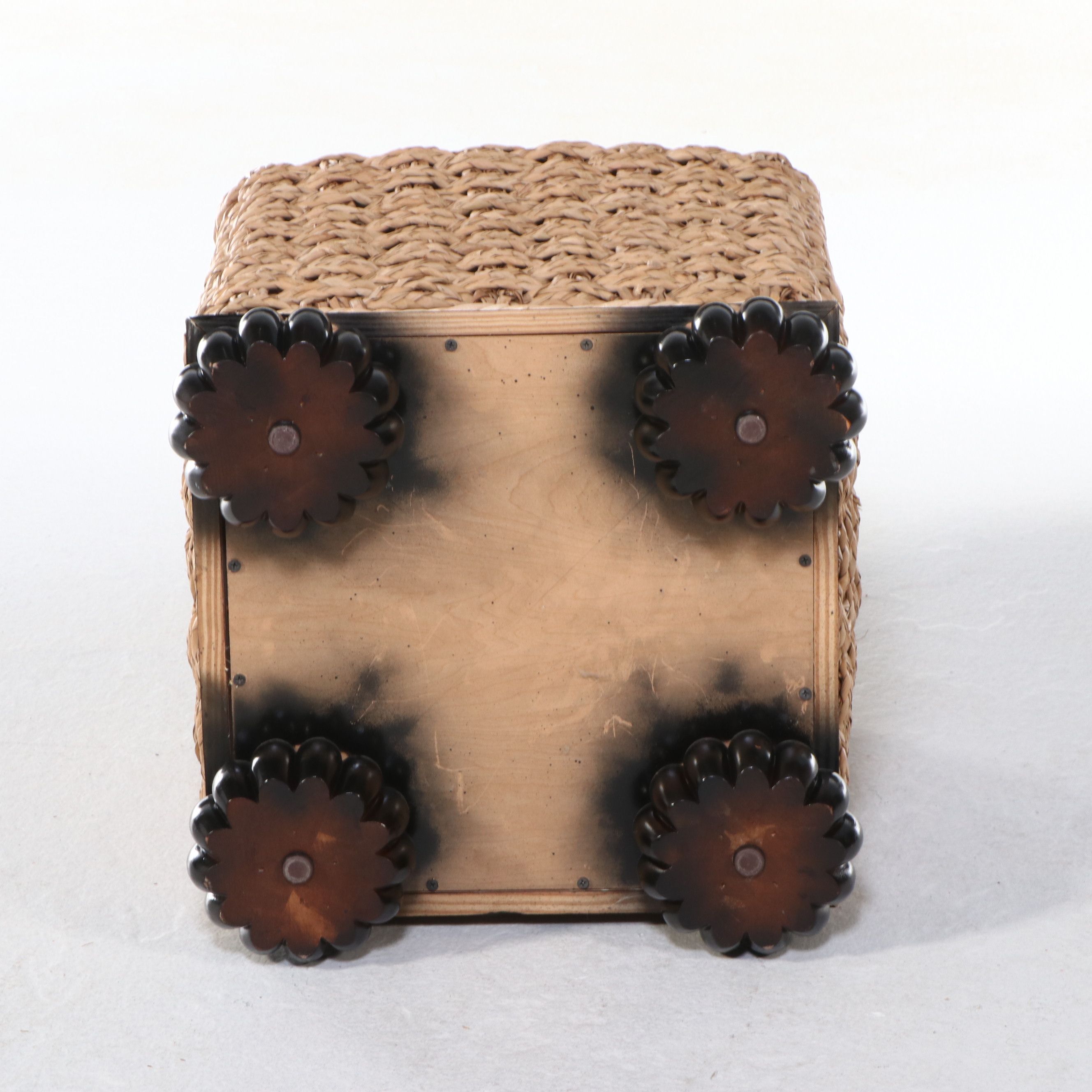 Contemporary Jute and Wood Ottoman