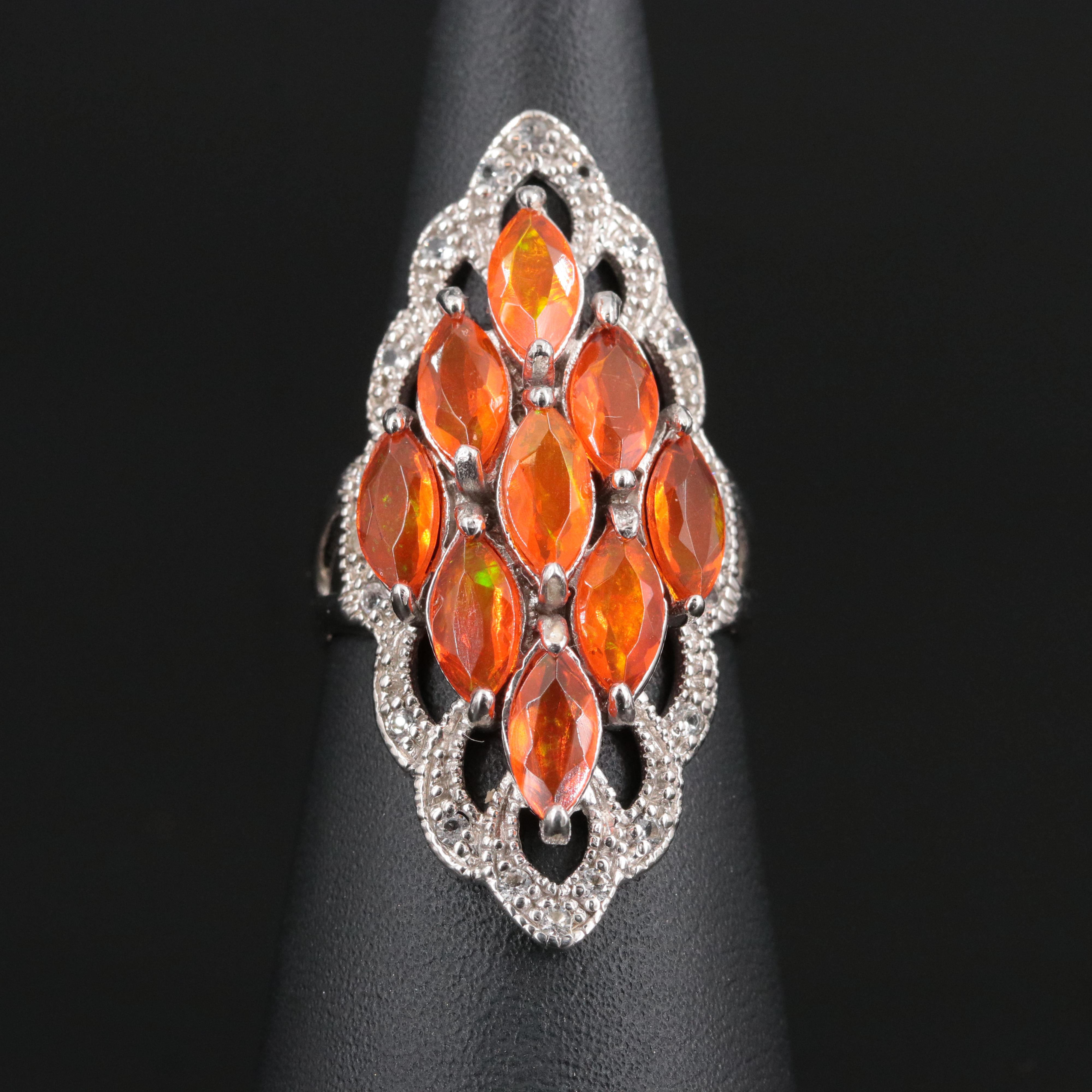 Sterling Fire Opal and White Topaz Navette Ring