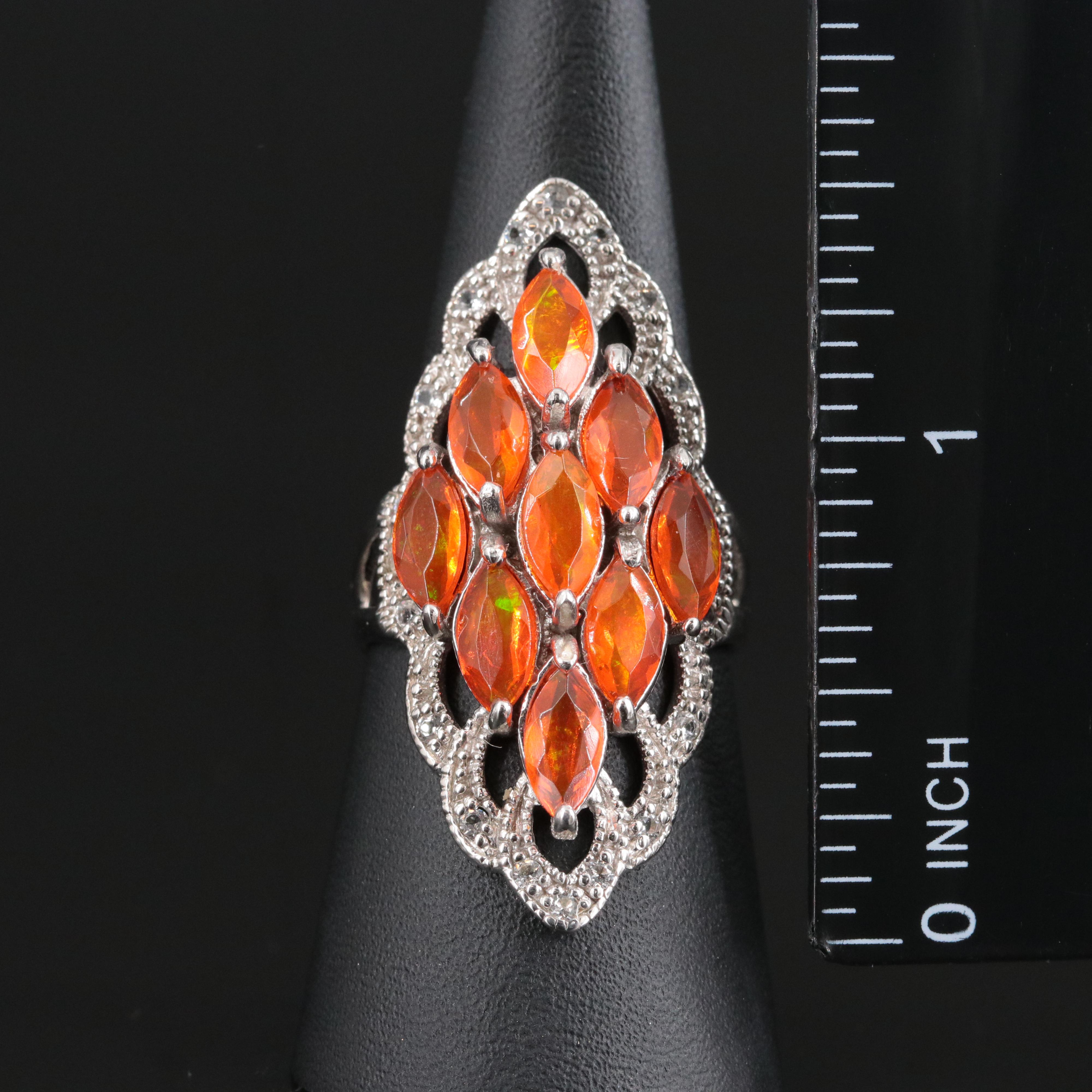 Sterling Fire Opal and White Topaz Navette Ring