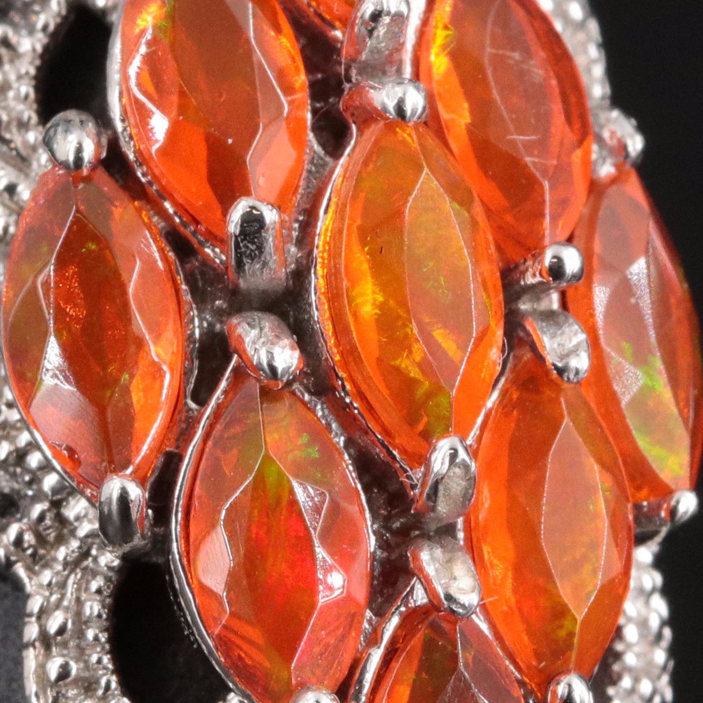 Sterling Fire Opal and White Topaz Navette Ring