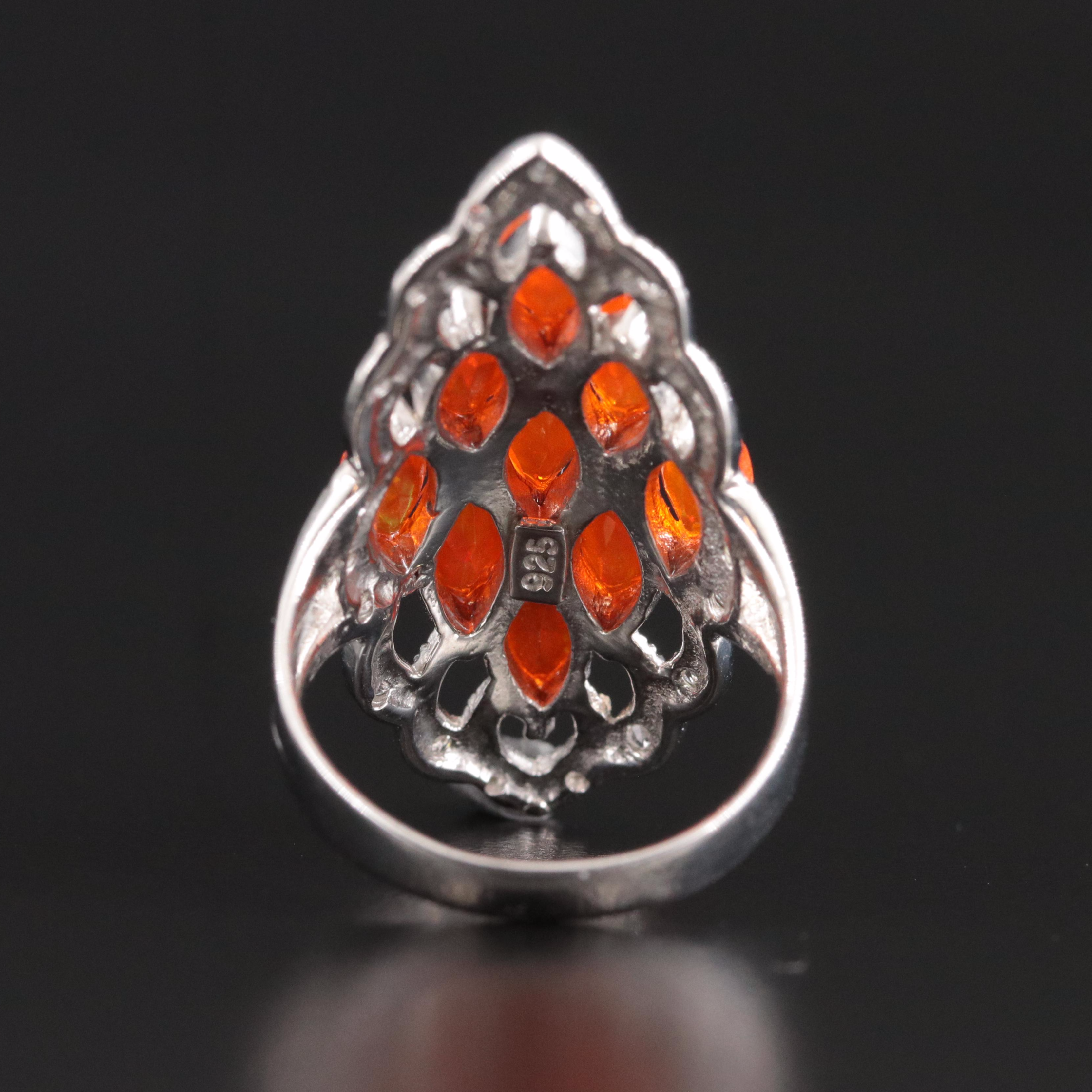 Sterling Fire Opal and White Topaz Navette Ring
