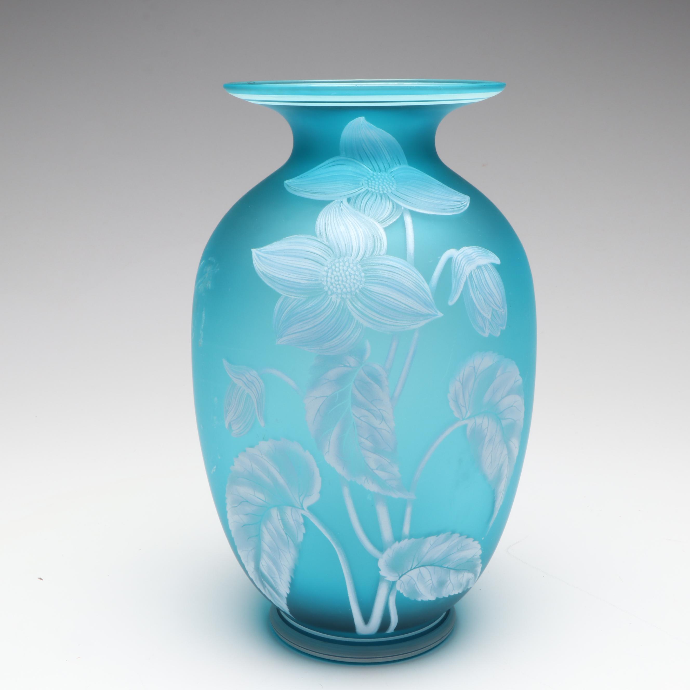 Fenton Gallery Originals for Cincinnati Art Museum Floral Blue Glass Vase