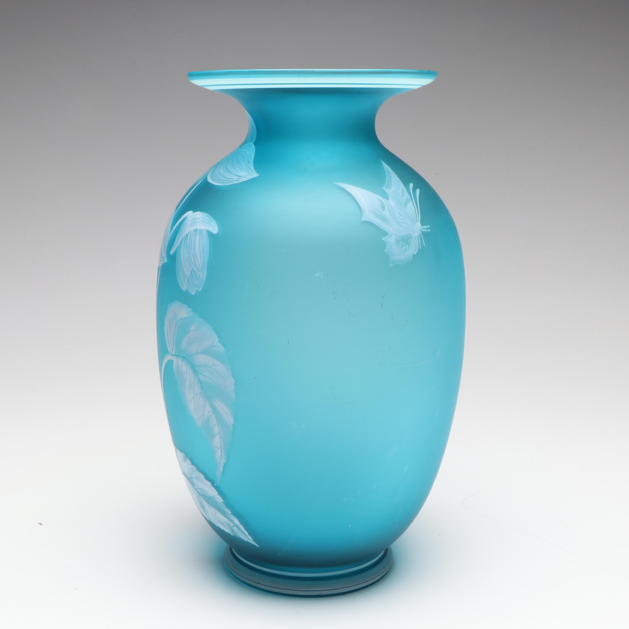 Fenton Gallery Originals for Cincinnati Art Museum Floral Blue Glass Vase