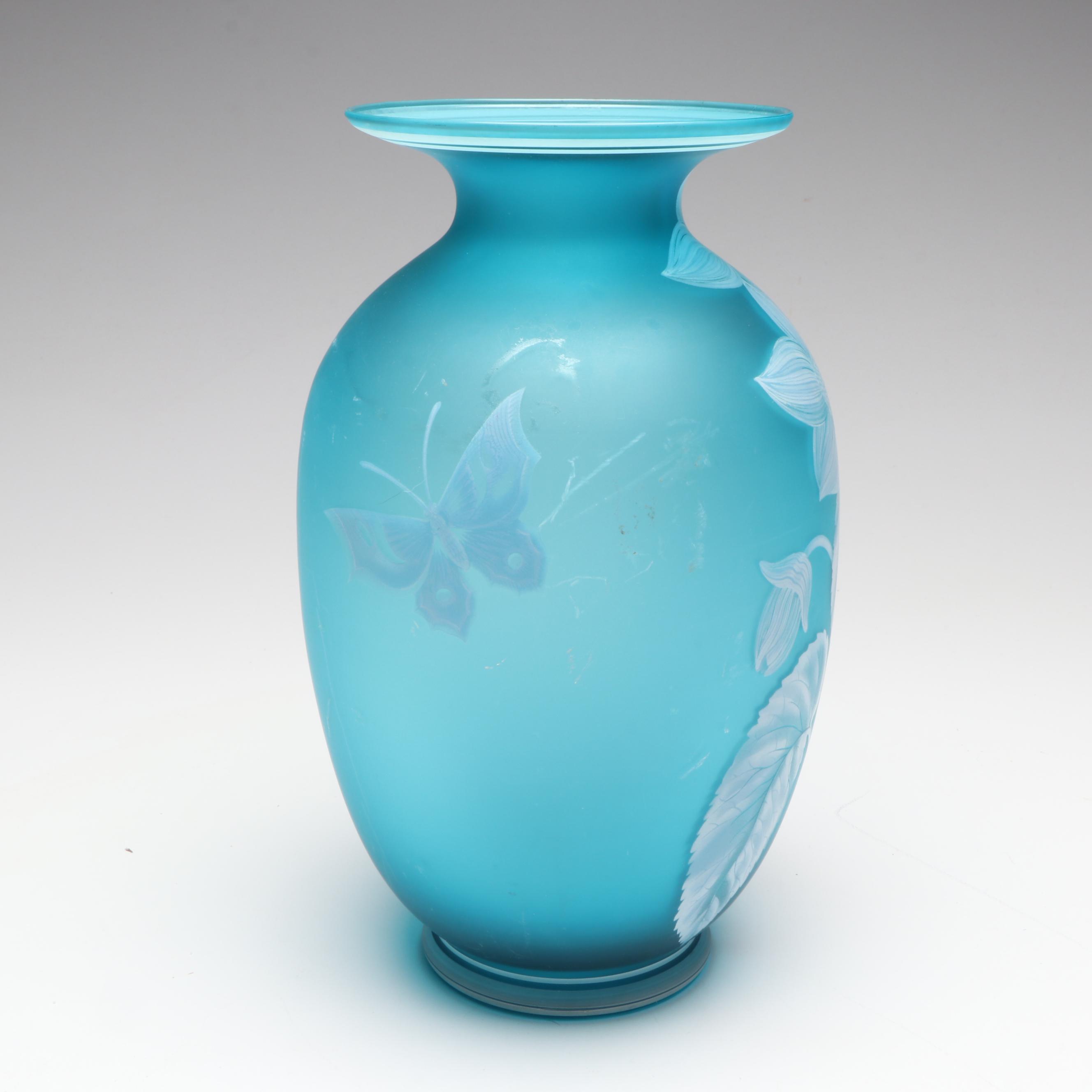 Fenton Gallery Originals for Cincinnati Art Museum Floral Blue Glass Vase