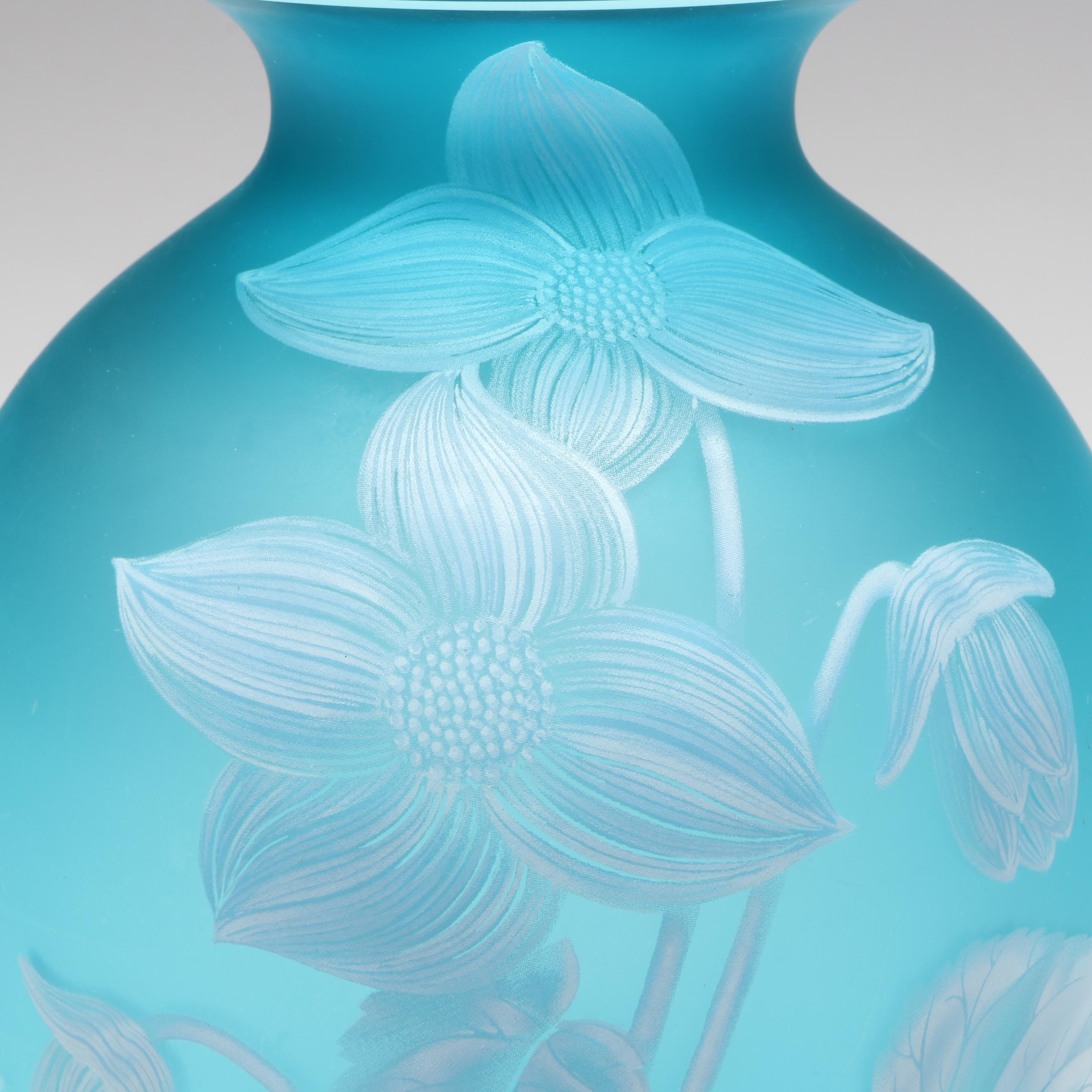 Fenton Gallery Originals for Cincinnati Art Museum Floral Blue Glass Vase