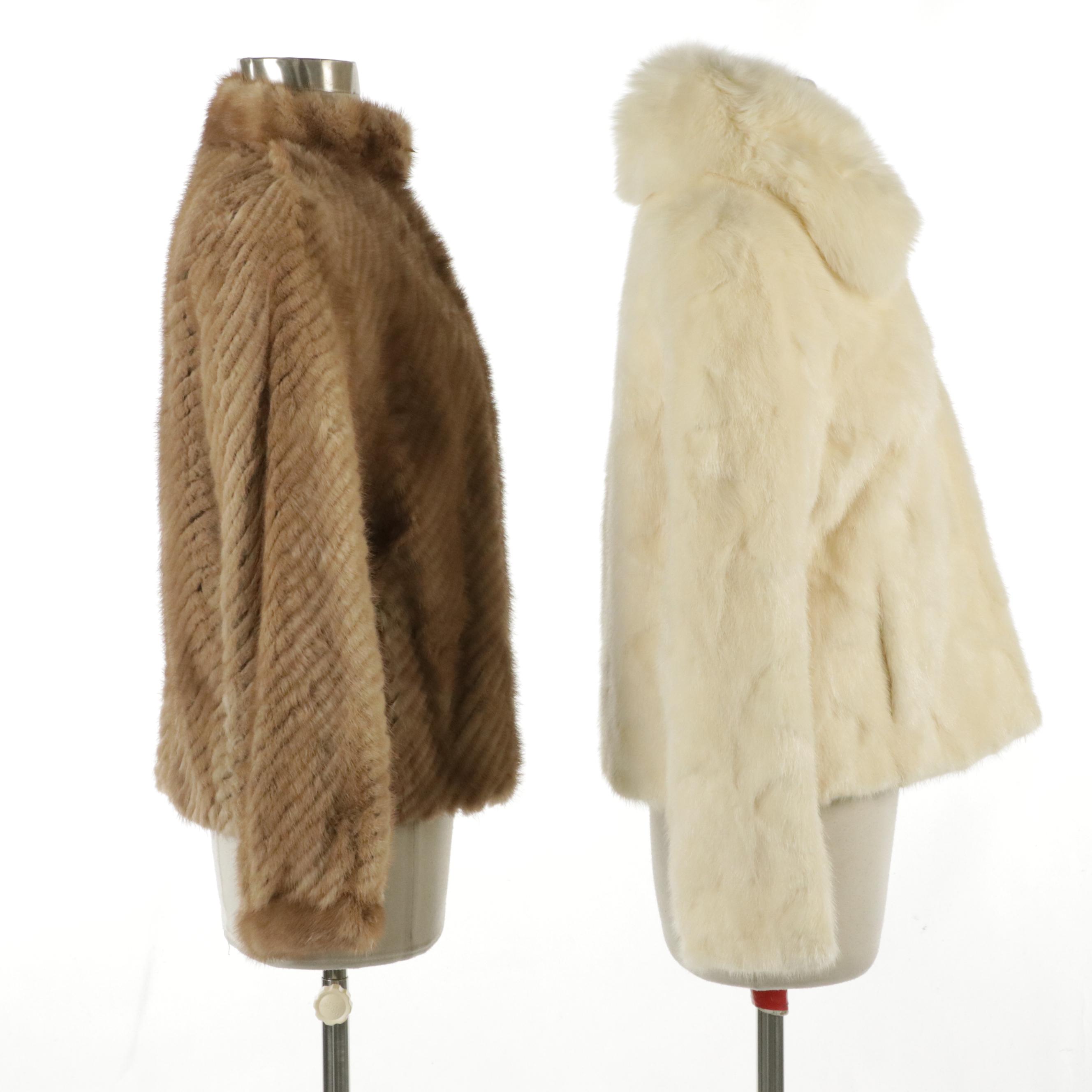 Pieced White Mink Fur Jacket with Fox Fur Trim and Corded Pastel Mink Fur Jacket