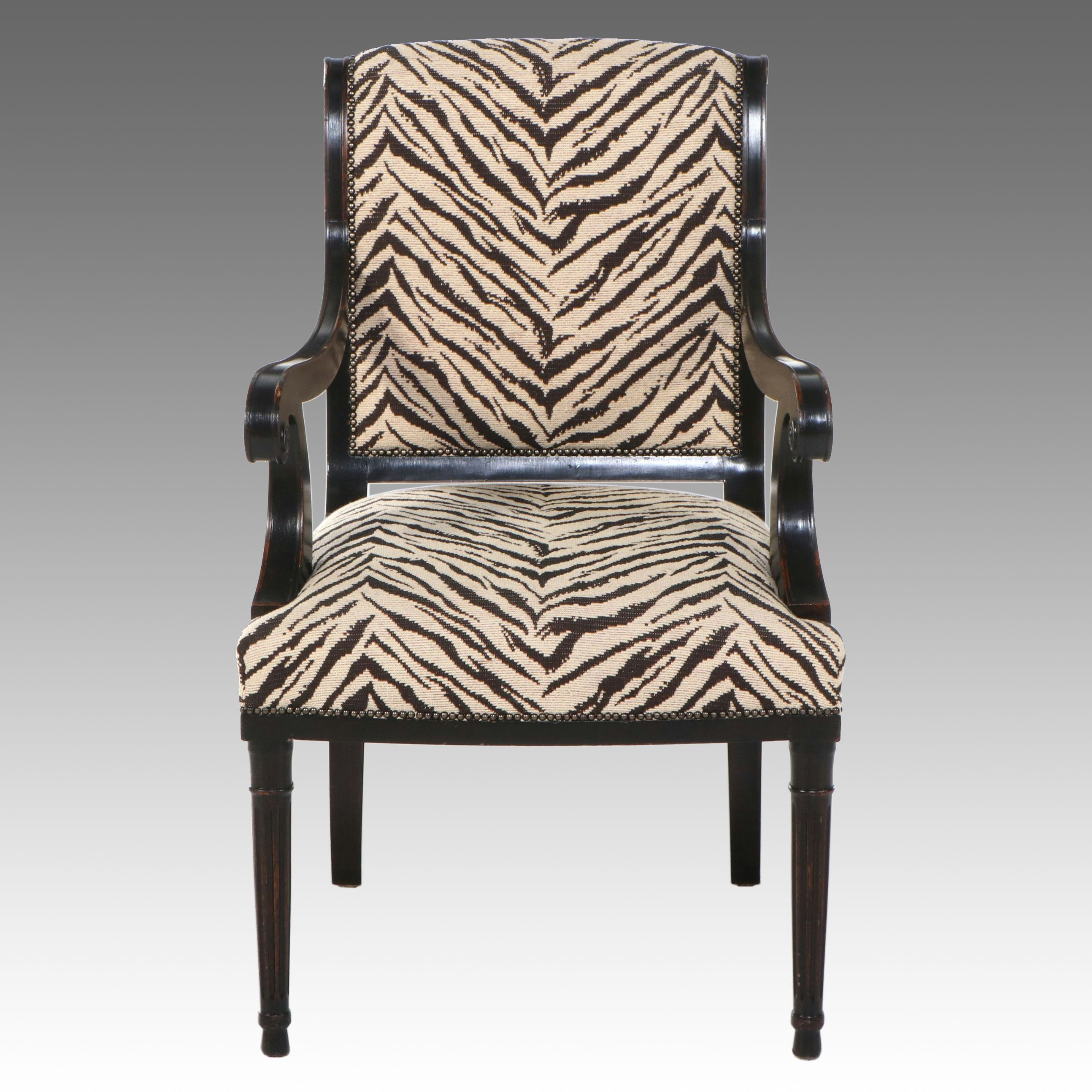 Empire Style Zebra Print Upholstered and Painted Wood Armchair